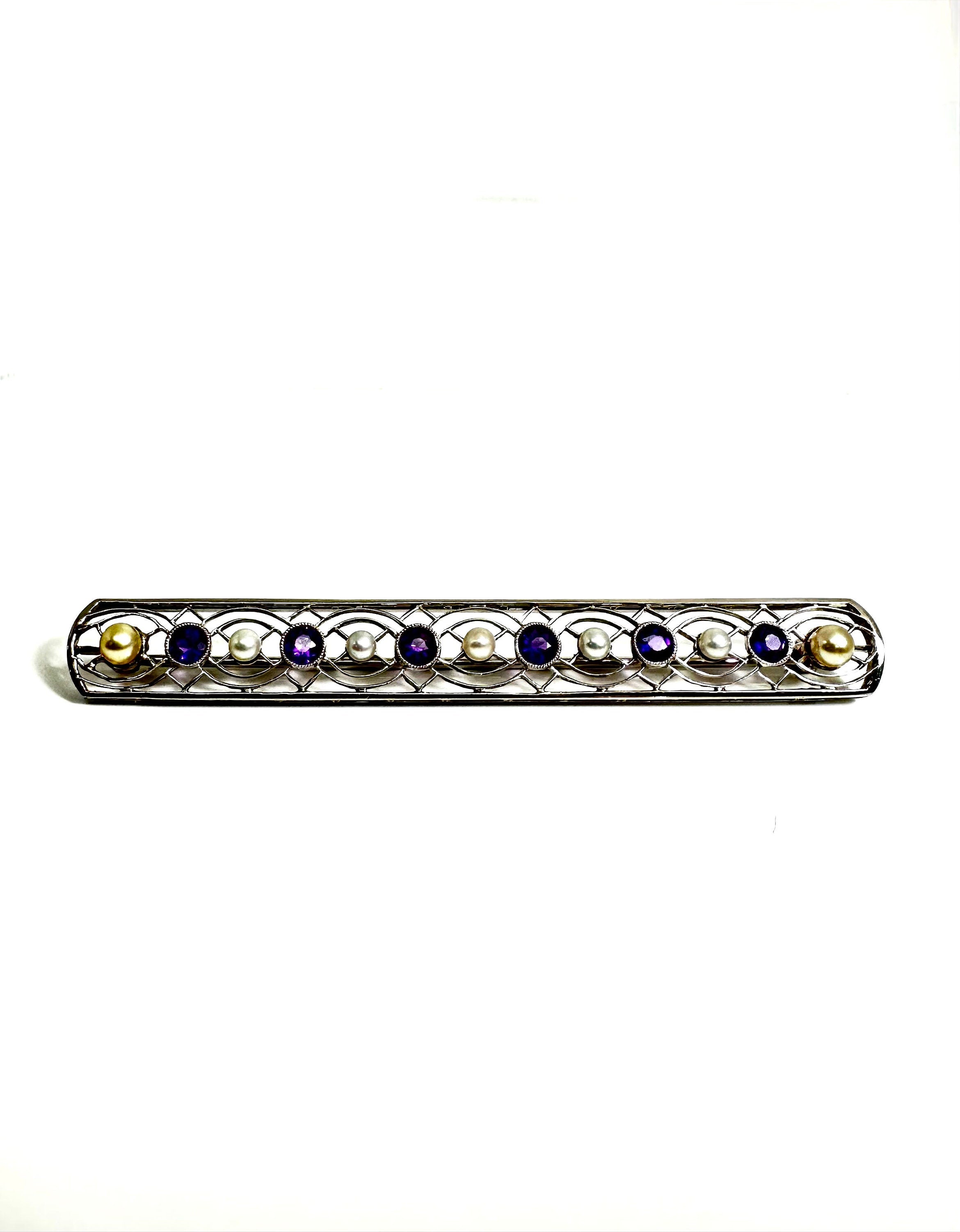 18K White Gold Bar Brooch: Amethyst & Cultured Pearl Pin