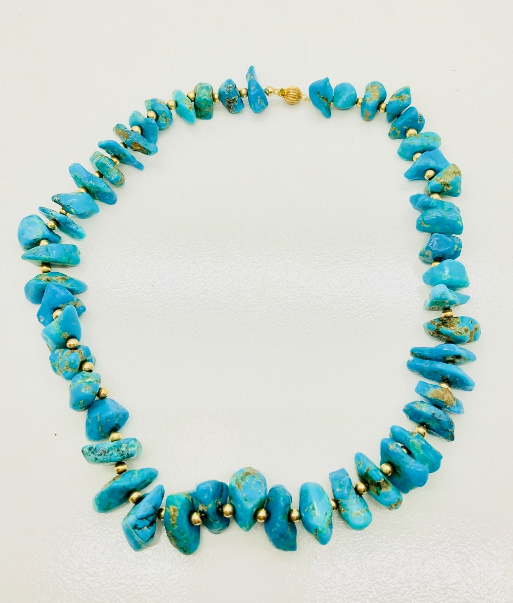 Chunky Turquoise Nugget Necklace: 14K Yellow Gold Beads, 20 Inch
