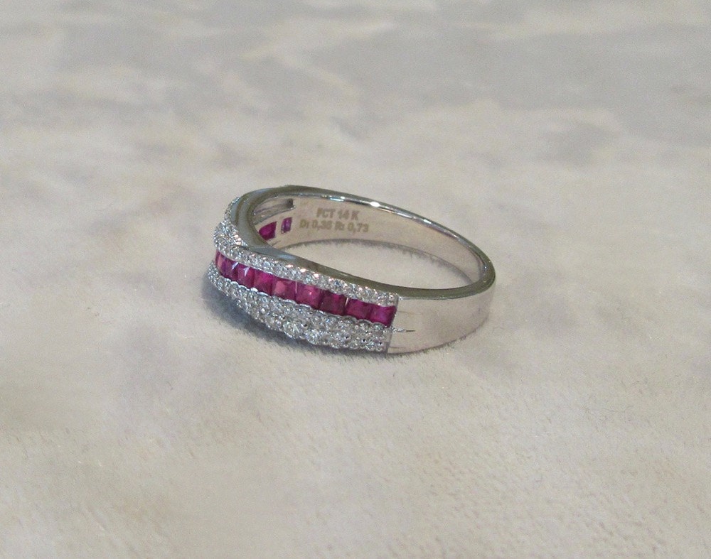 Vintage White Gold Ruby and Diamond Stackable Ring or Wedding Band