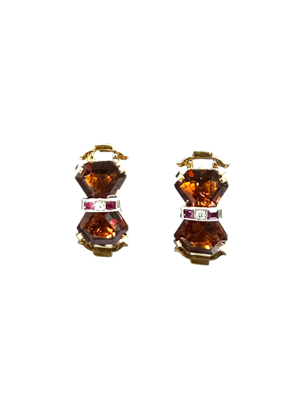 Yellow Gold Art Deco Citrine Ruby Earrings: Screw Back