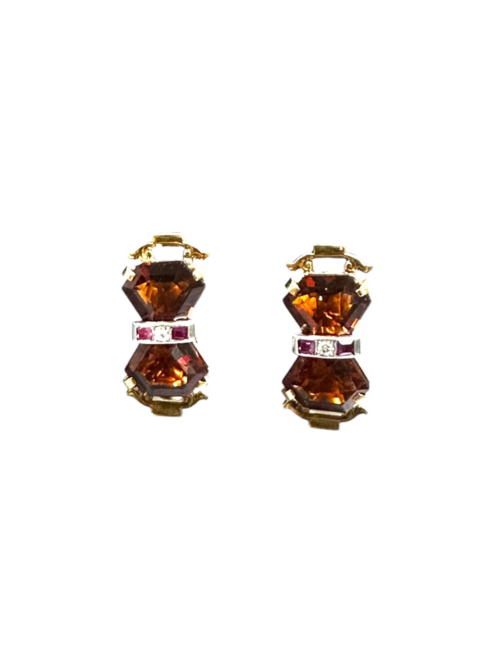 Yellow Gold Art Deco Citrine Ruby Earrings: Screw Back