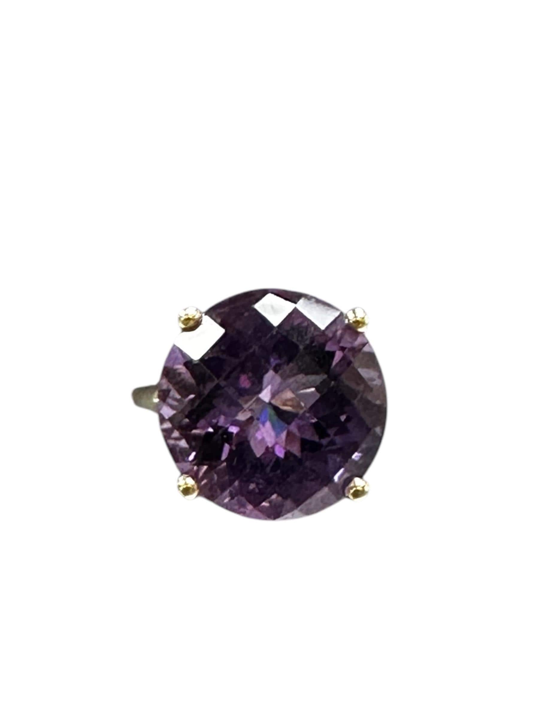 Yellow Gold Vintage Amethyst Ring - Checkerboard Faceted Gemstone