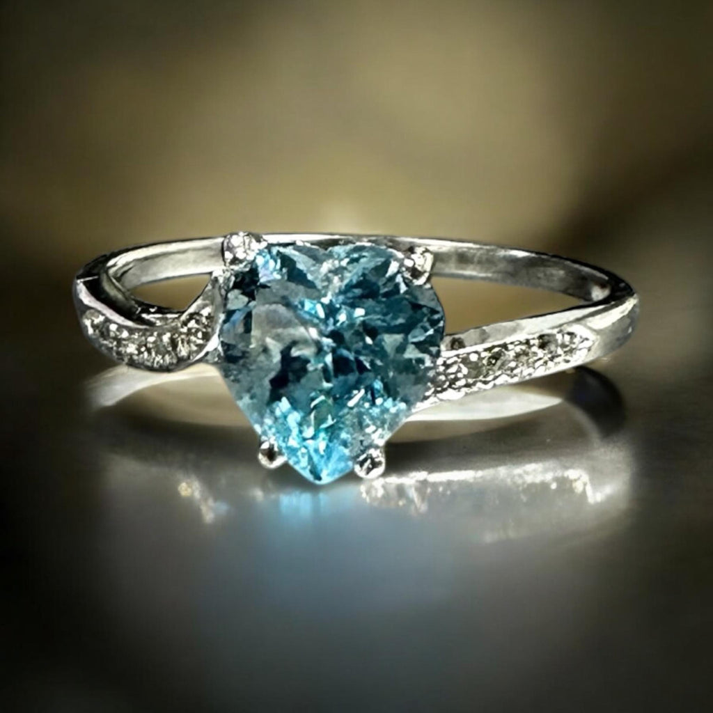 14K White Gold Heart Blue Topaz Ring with Diamond Accents