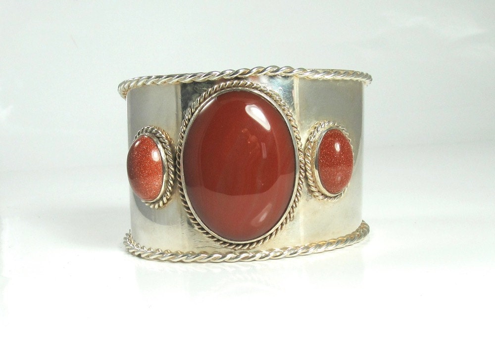 Sterling Silver Sardonyx & Gold Stone Cuff Bracelet - Statement Jewelry