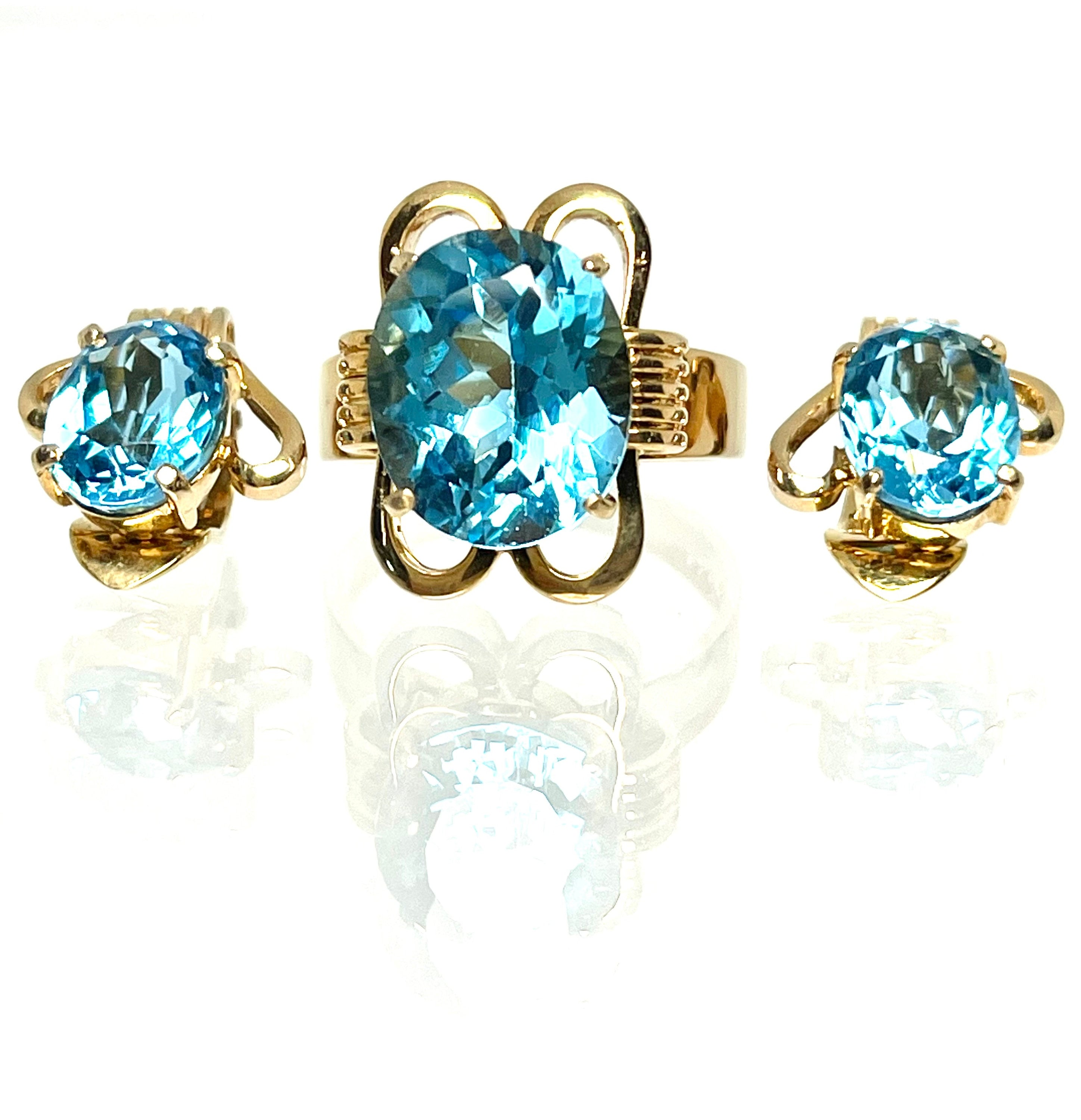 Vintage 14 Karat Yellow Gold Blue Topaz ring and Clip on Earring Set