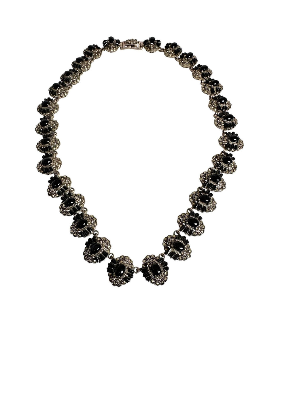 Vintage Sterling Silver Black Onyx Marcasite Link Necklace