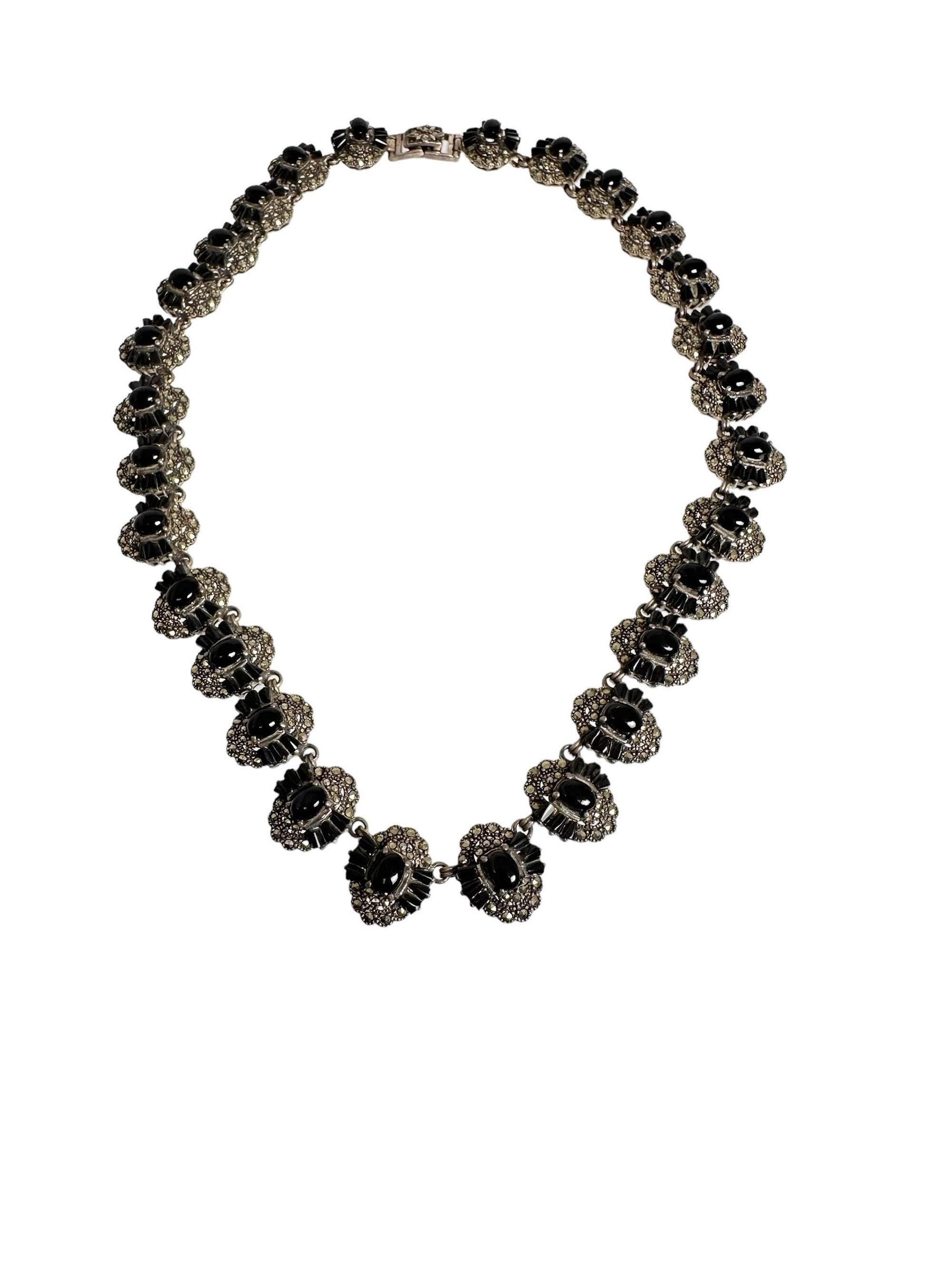 Vintage Sterling Silver Black Onyx Marcasite Link Necklace