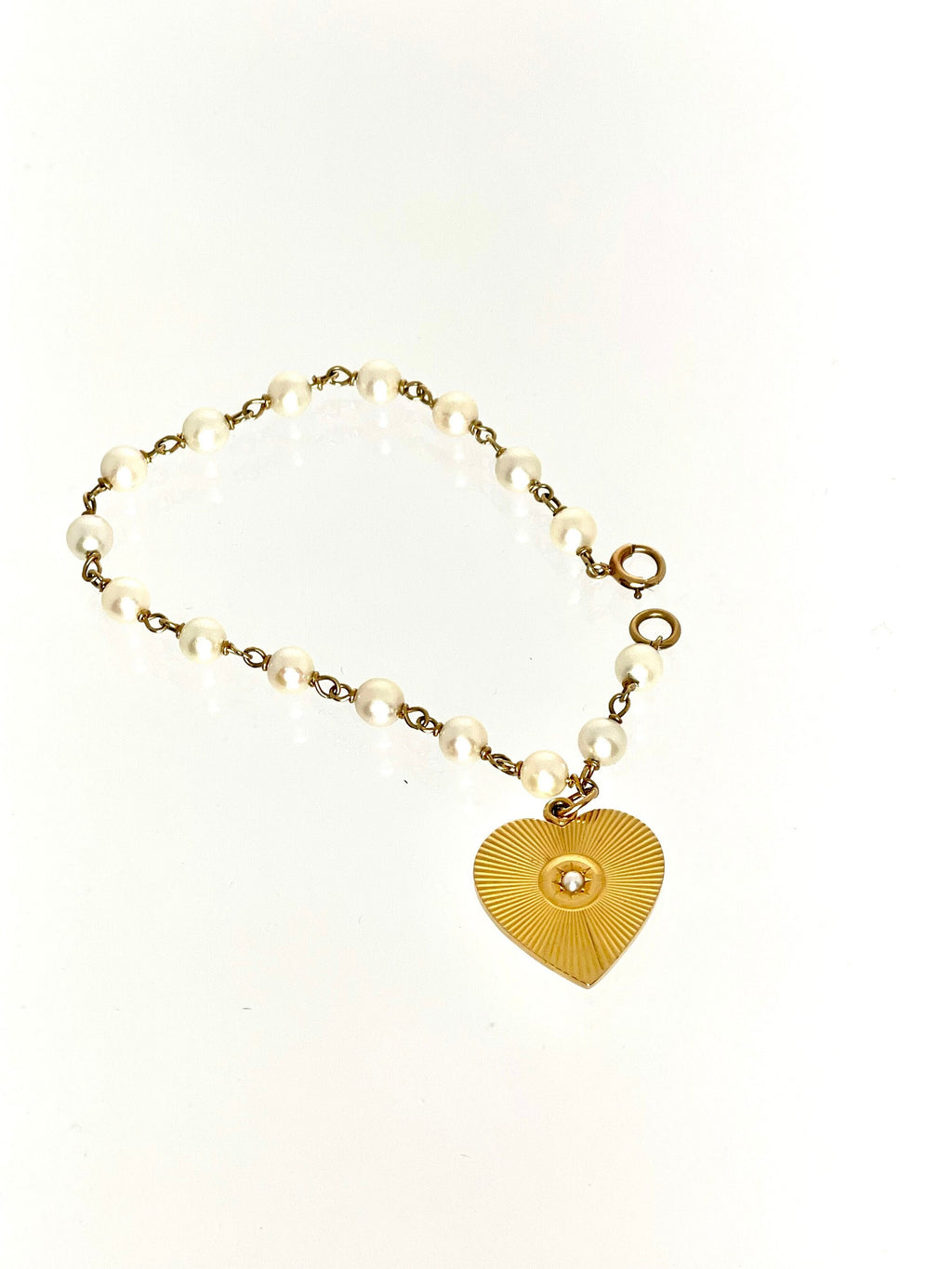 Vintage 14k Gold Heart Charm Bracelet: Cultured Pearl Bridal Jewelry