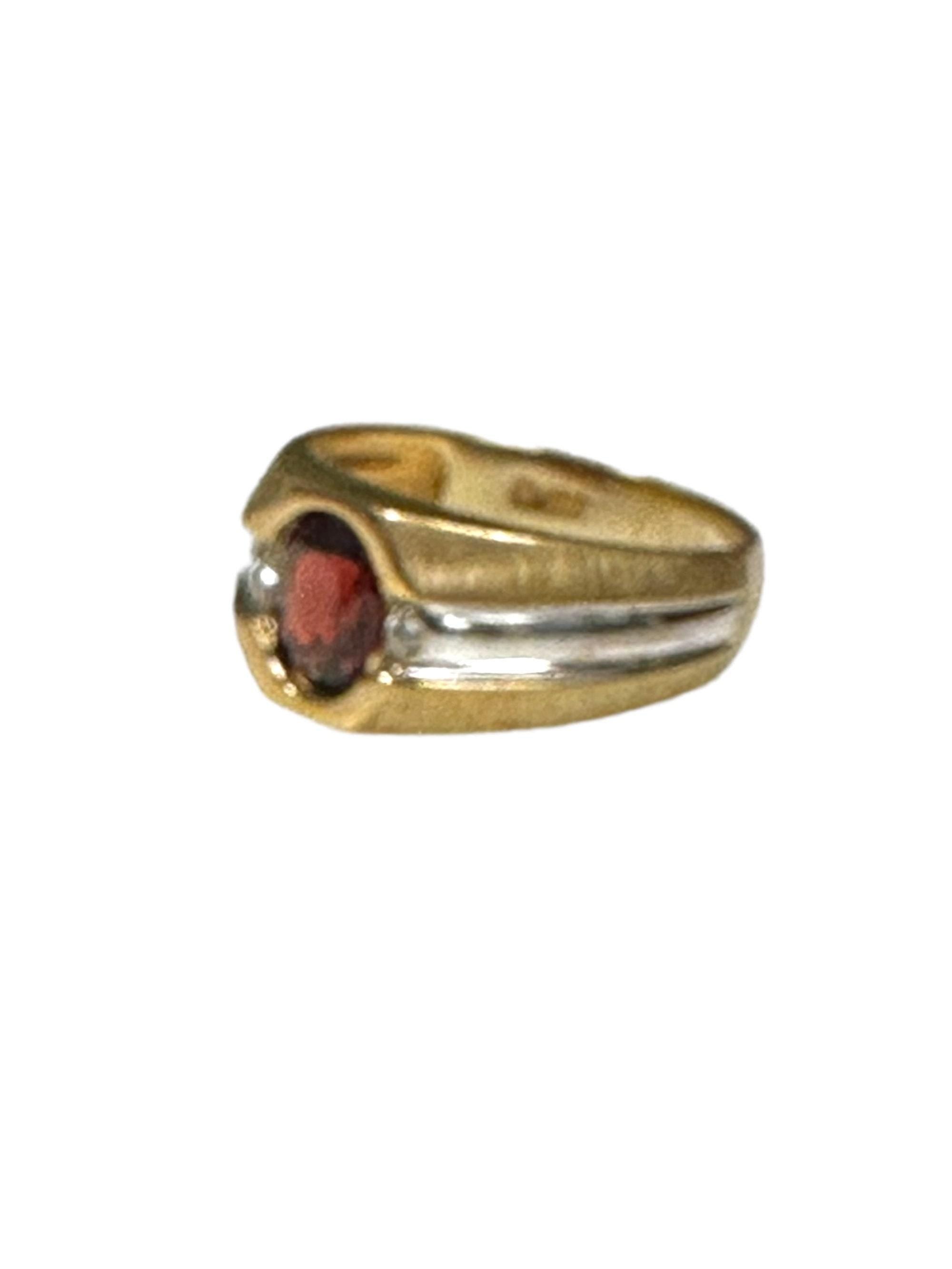 Vintage Garnet and Diamond Two Tone Gold Ring with Brush Finish