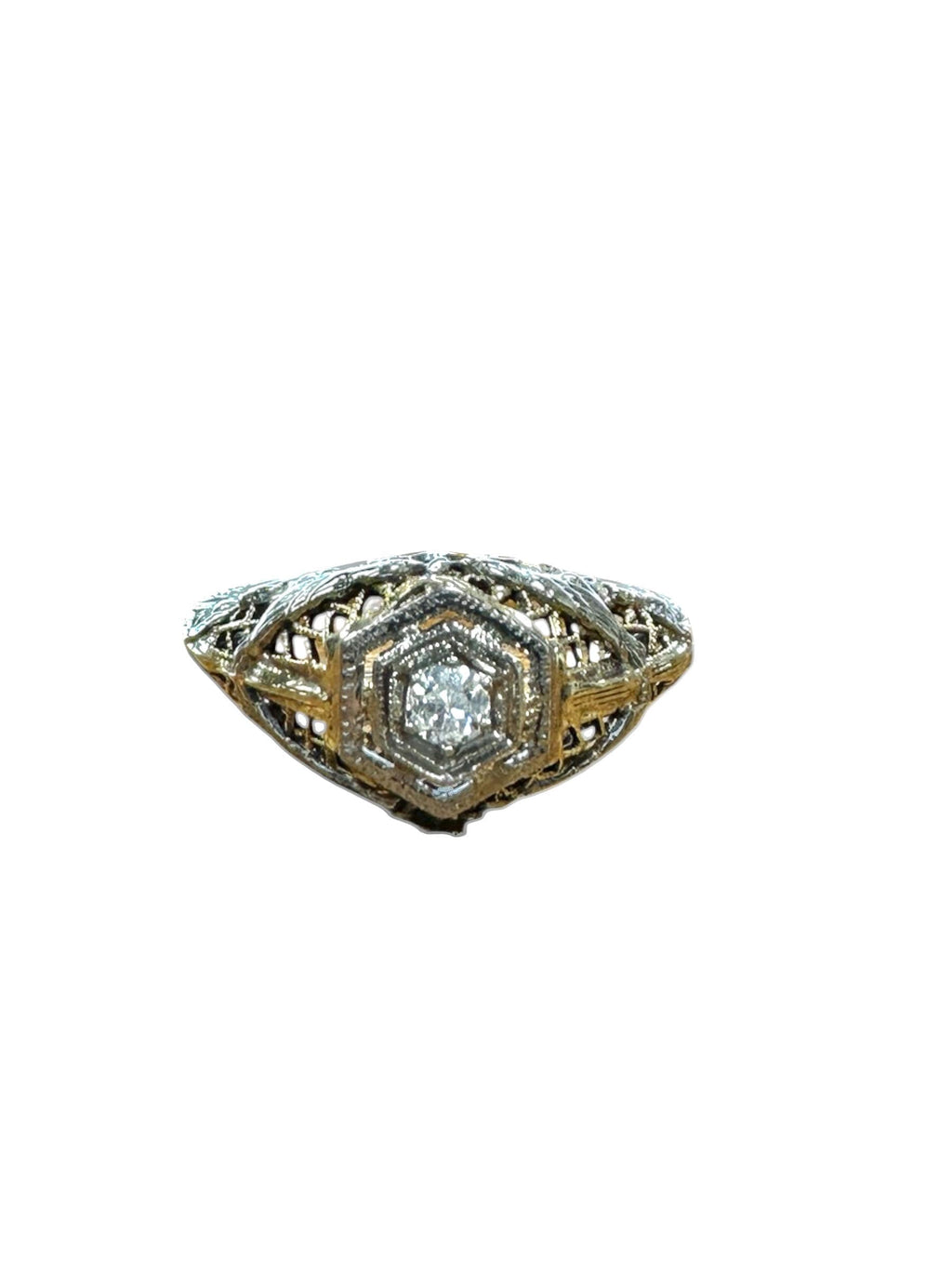 Edwardian 18 Karat White Gold Diamond Filigree Ring with Love Birds