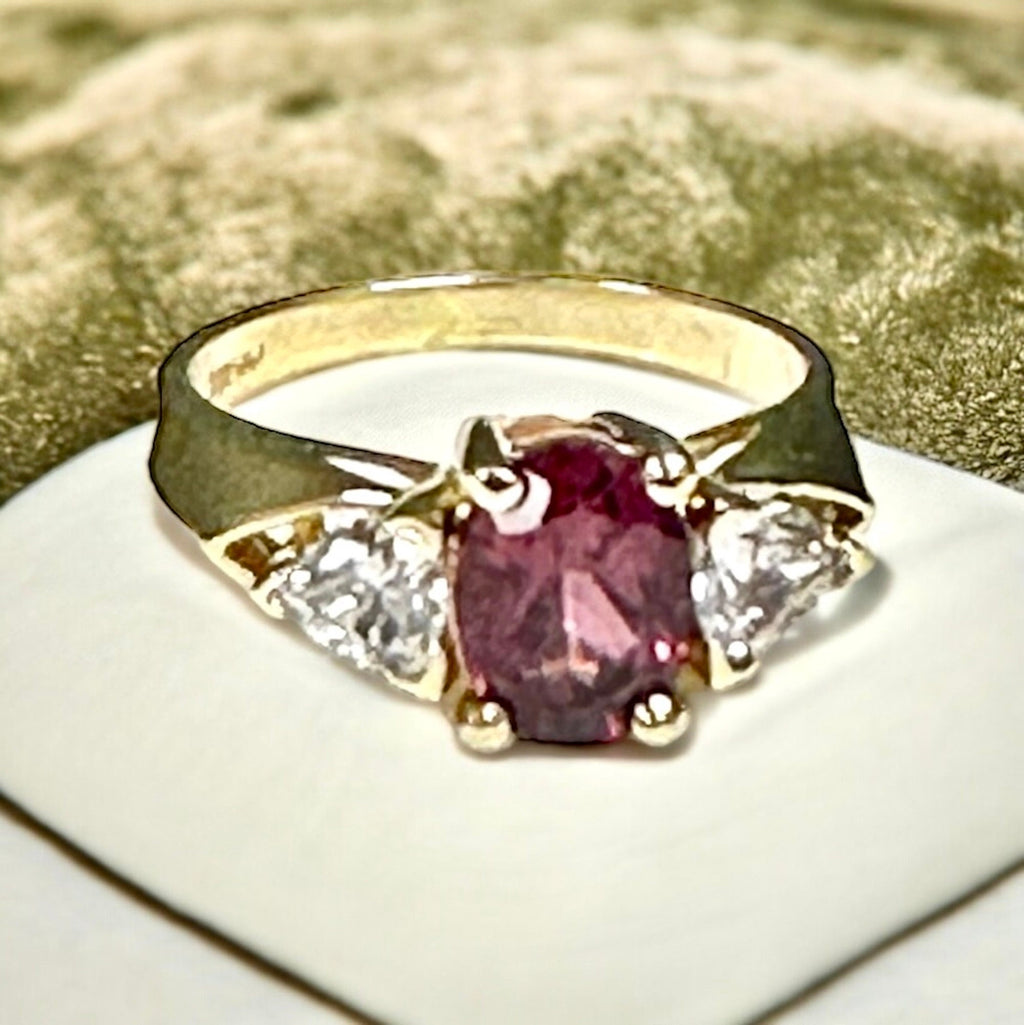 Vintage 14 karat Yellow Gold Rhodolite Garnet and Cubic Zirconia Ring