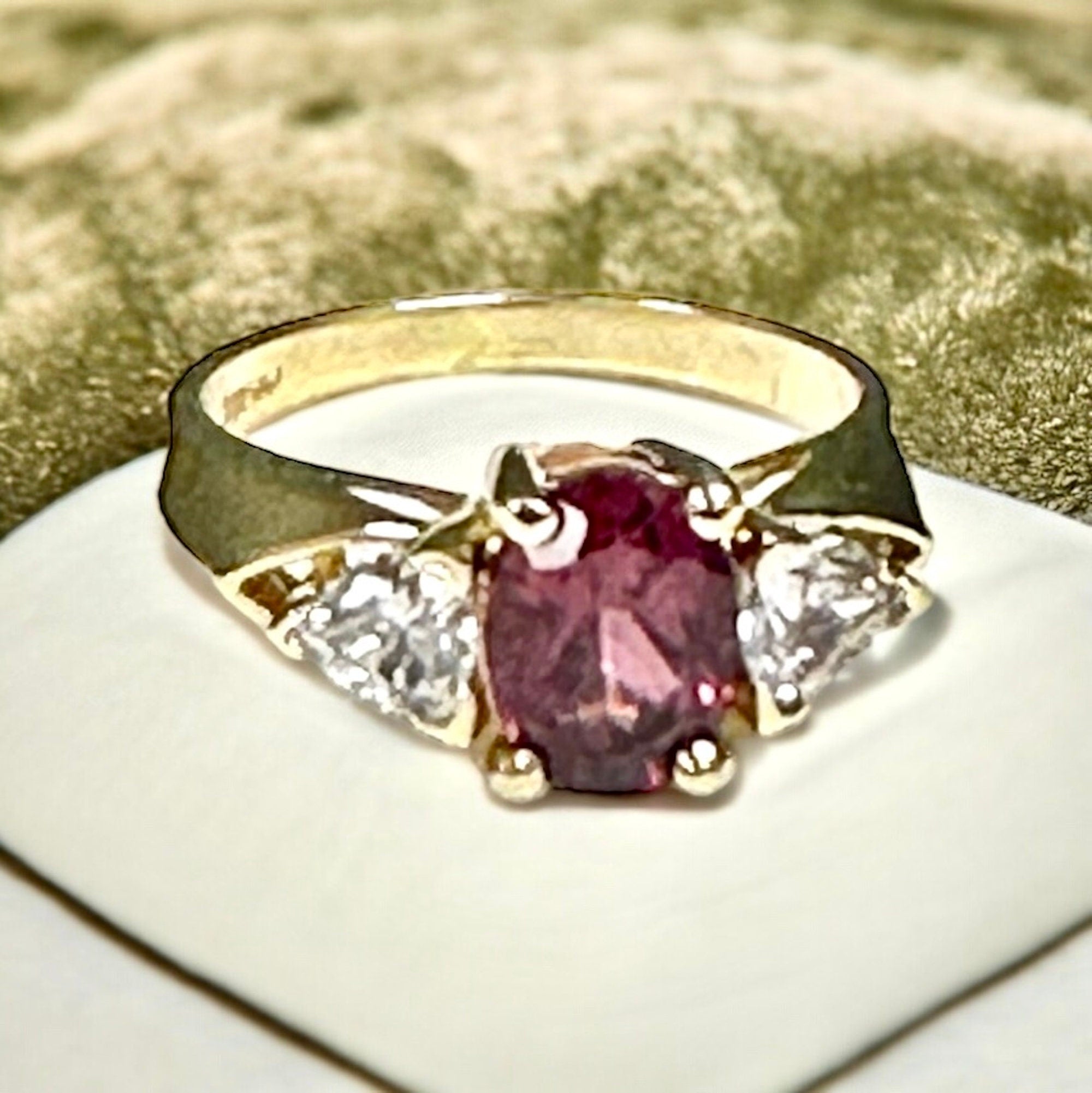 Vintage 14 karat Yellow Gold Rhodolite Garnet and Cubic Zirconia Ring