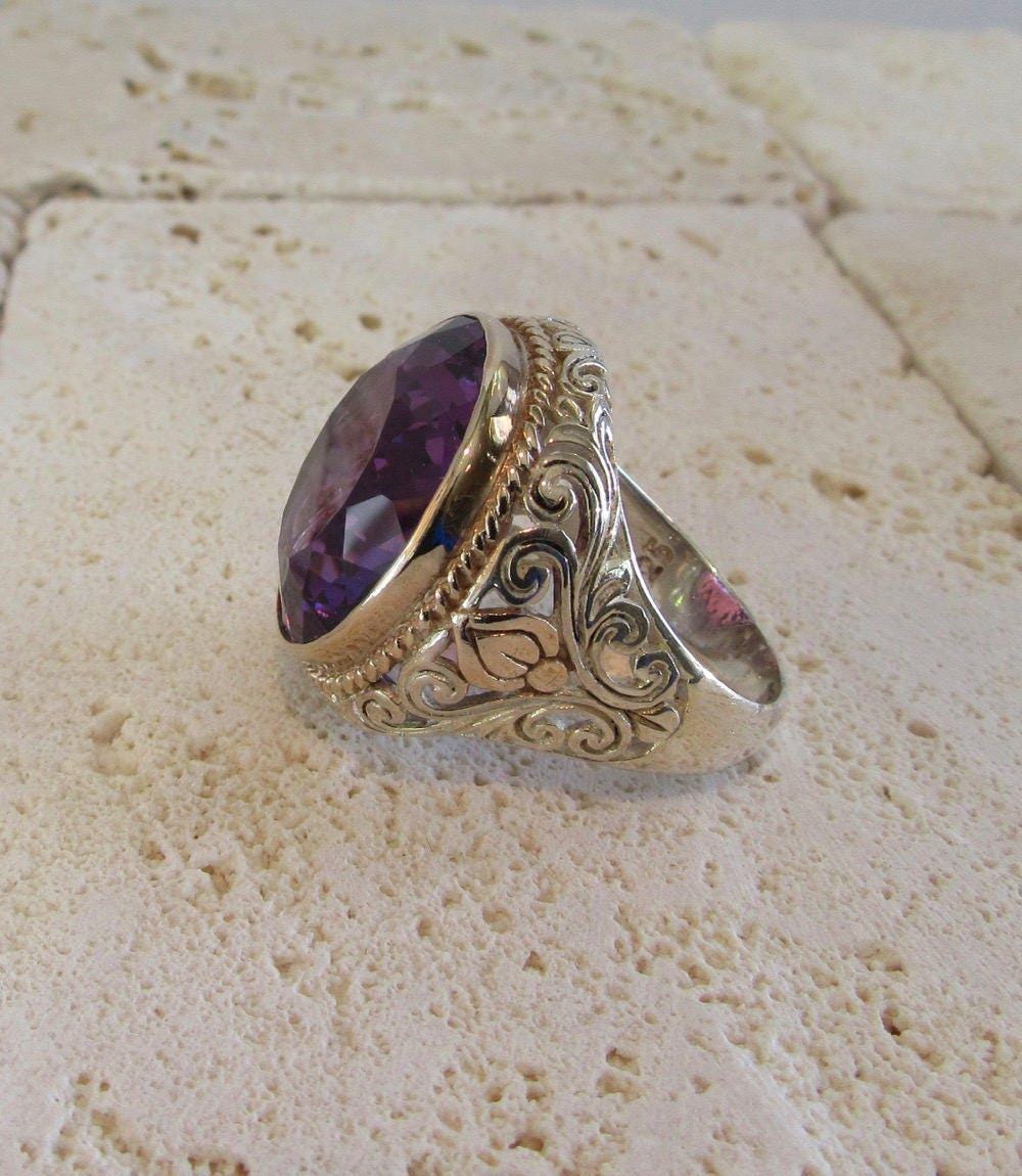 Sterling Silver Amethyst Filigree Ring, Sterling Ring with Gold Wash, February Birthstone, Birthstone Ring, Statement Ring