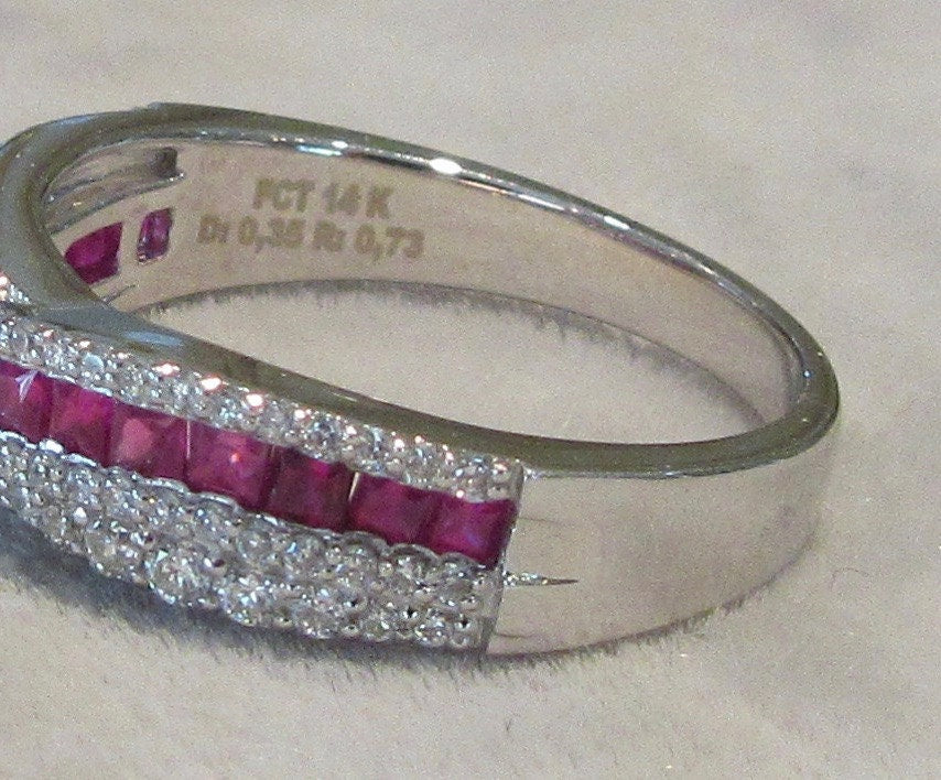 Vintage White Gold Ruby and Diamond Stackable Ring or Wedding Band