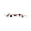 Antique 10k Gold Amethyst Bar Pin: Scrollwork Brooch