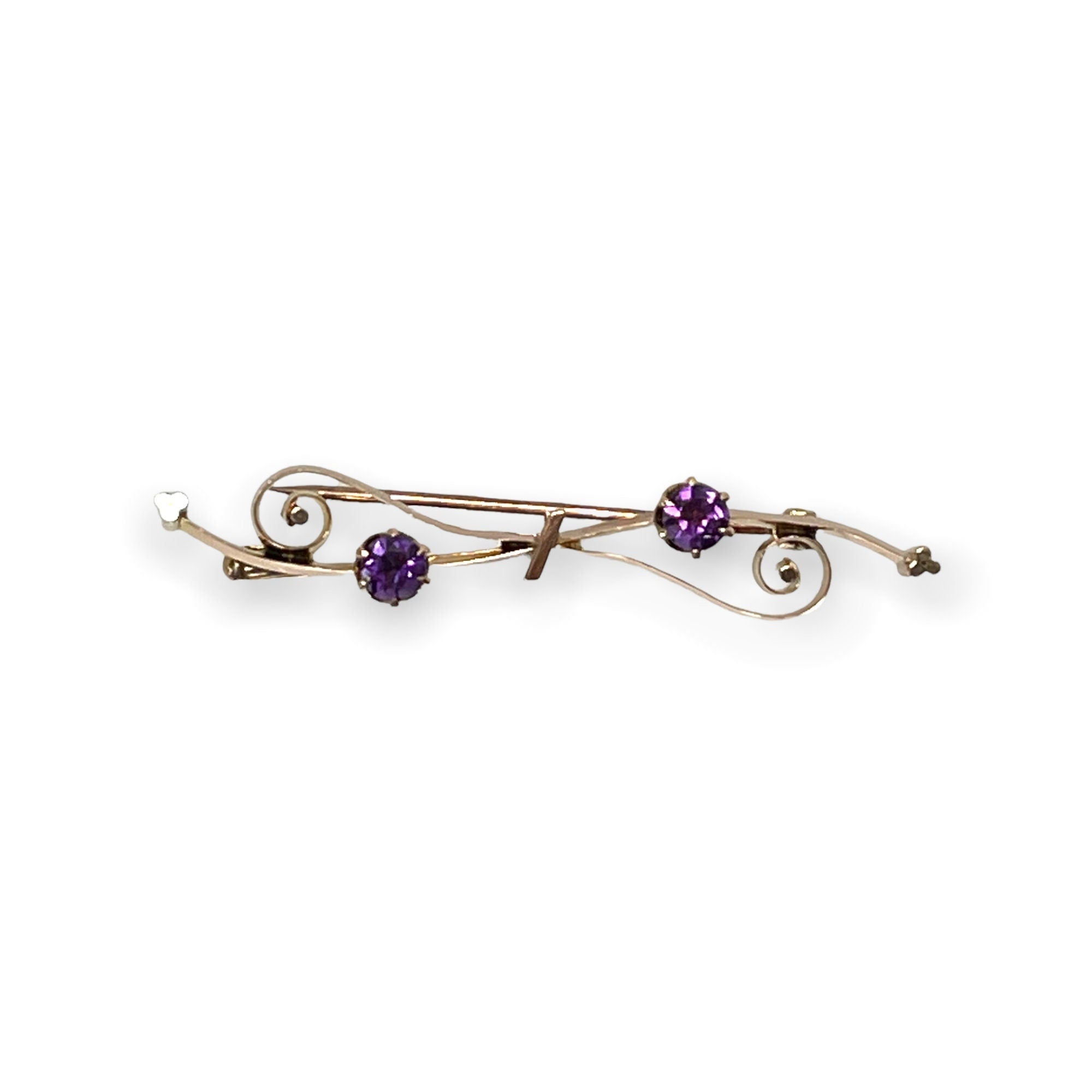 Antique 10k Gold Amethyst Bar Pin: Scrollwork Brooch