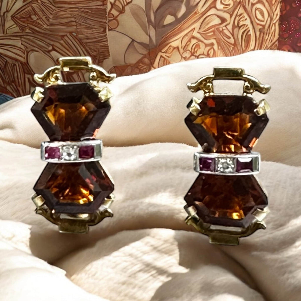 Yellow Gold Art Deco Citrine Ruby Earrings: Screw Back