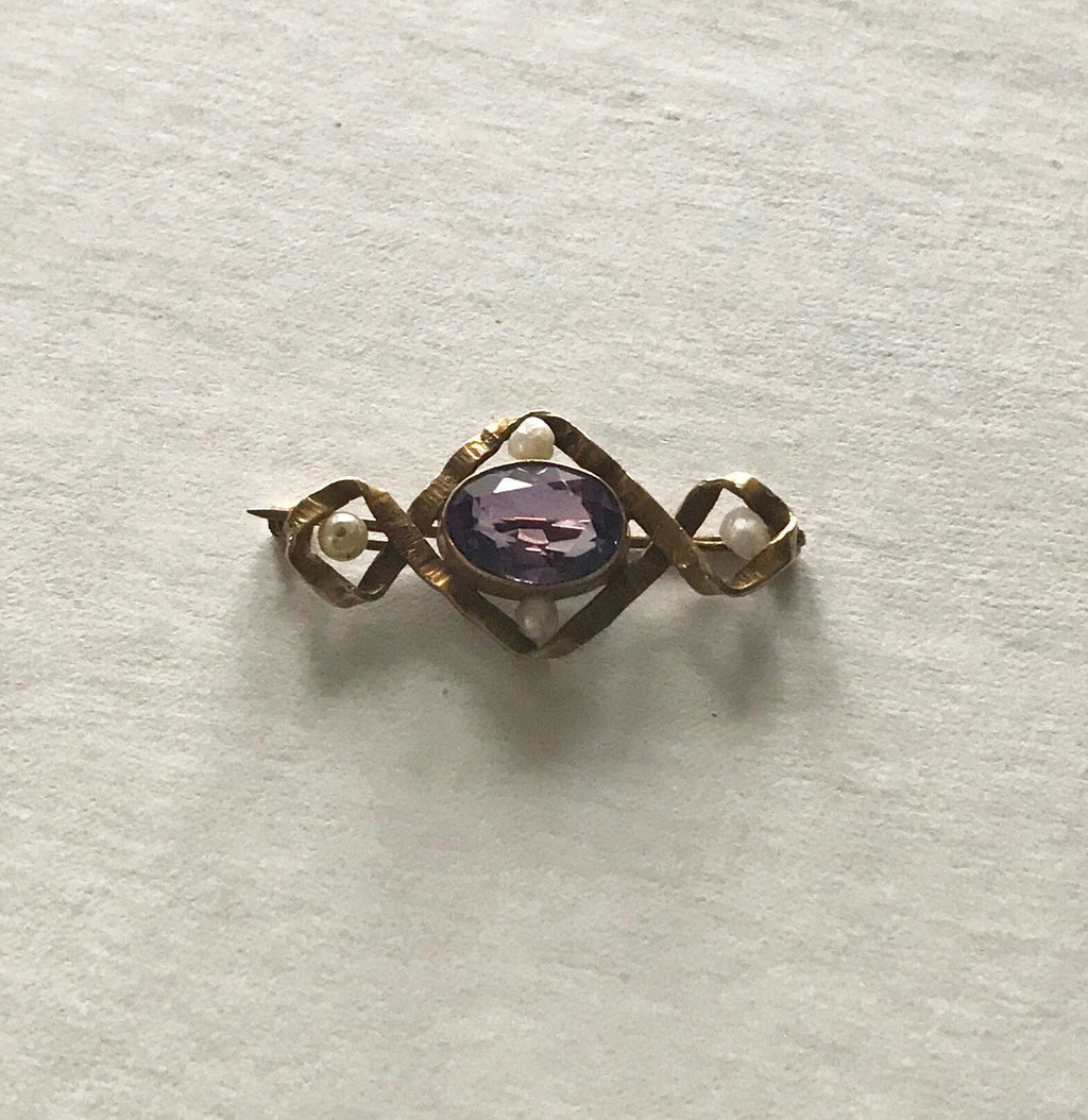Antique 10K Gold Amethyst Pin with Baroque Pearls