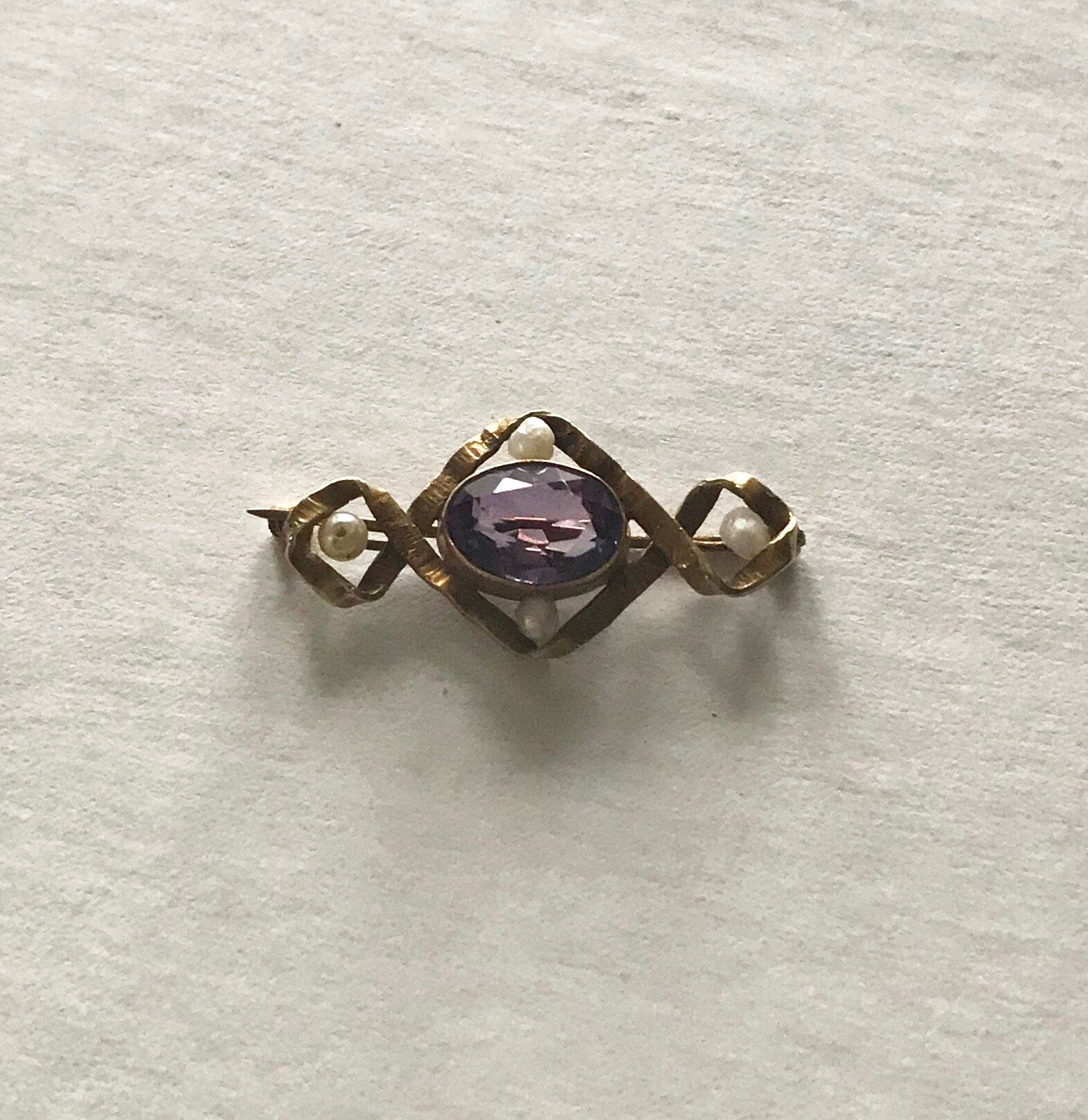 Antique 10K Gold Amethyst Pin with Baroque Pearls