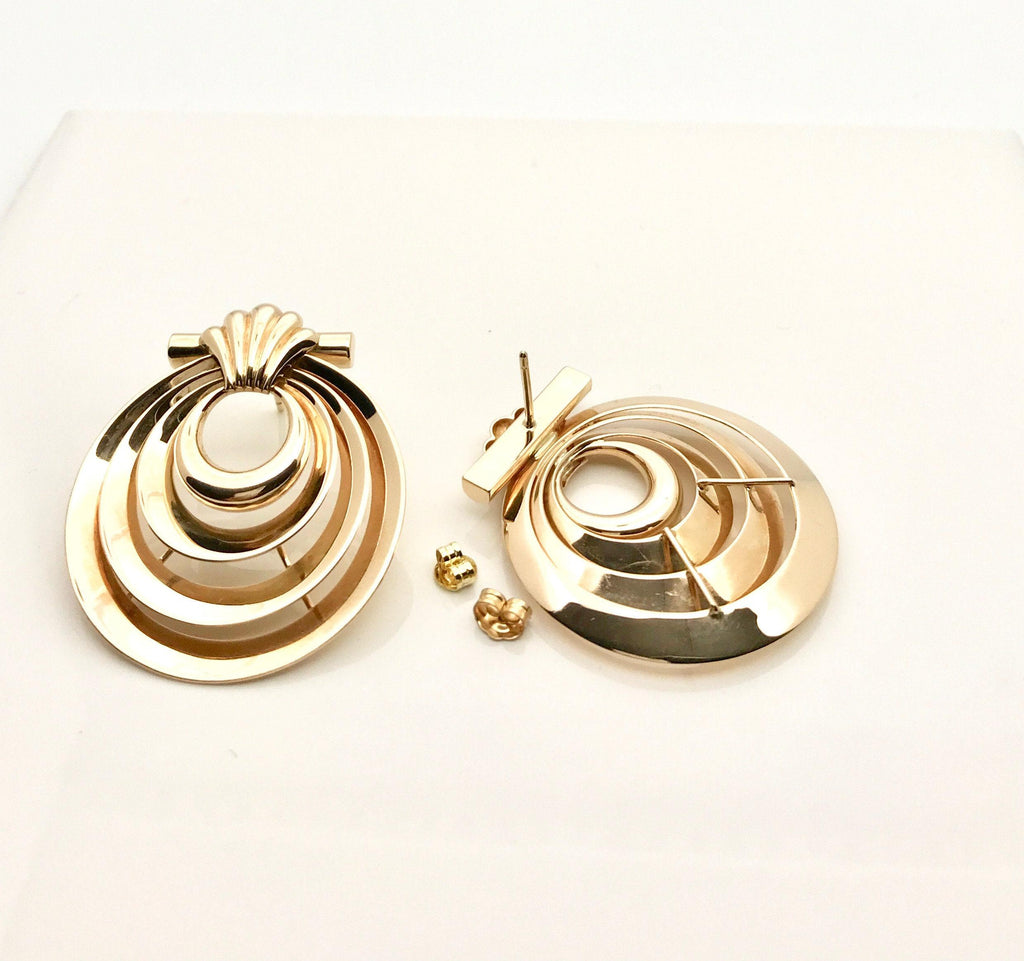 14k Yellow Gold Art Deco Earrings: Pierced Statement Jewelry