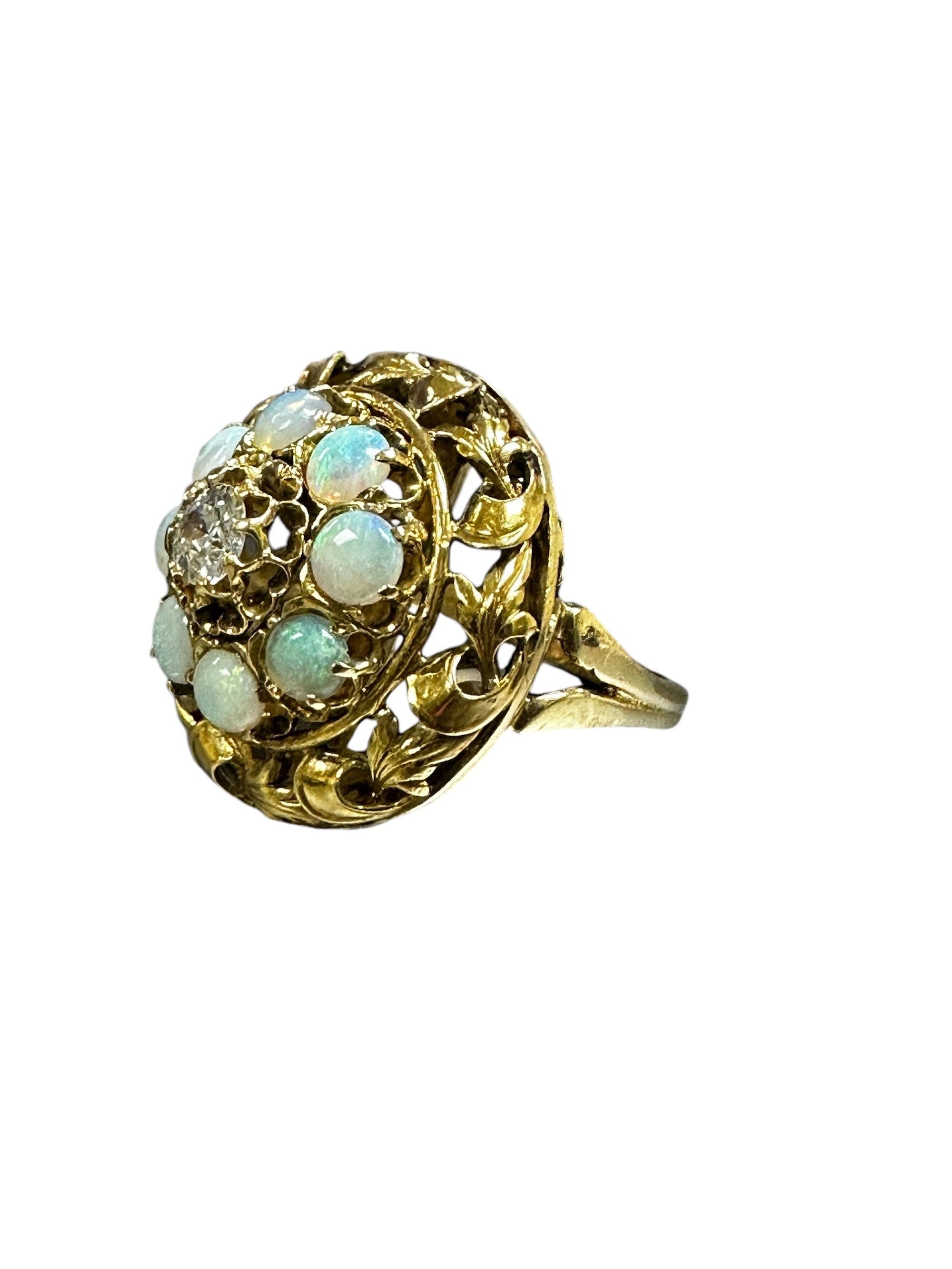 Yellow Gold Opal Diamond Ring: Floral Estate Jewelry