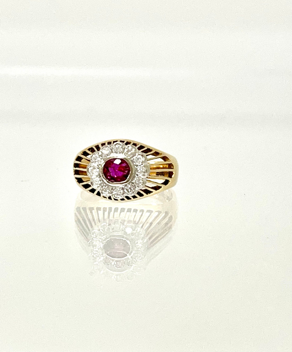 Vintage 14K Yellow Gold Ruby and Diamond Ring, Elevated Ruby Setting