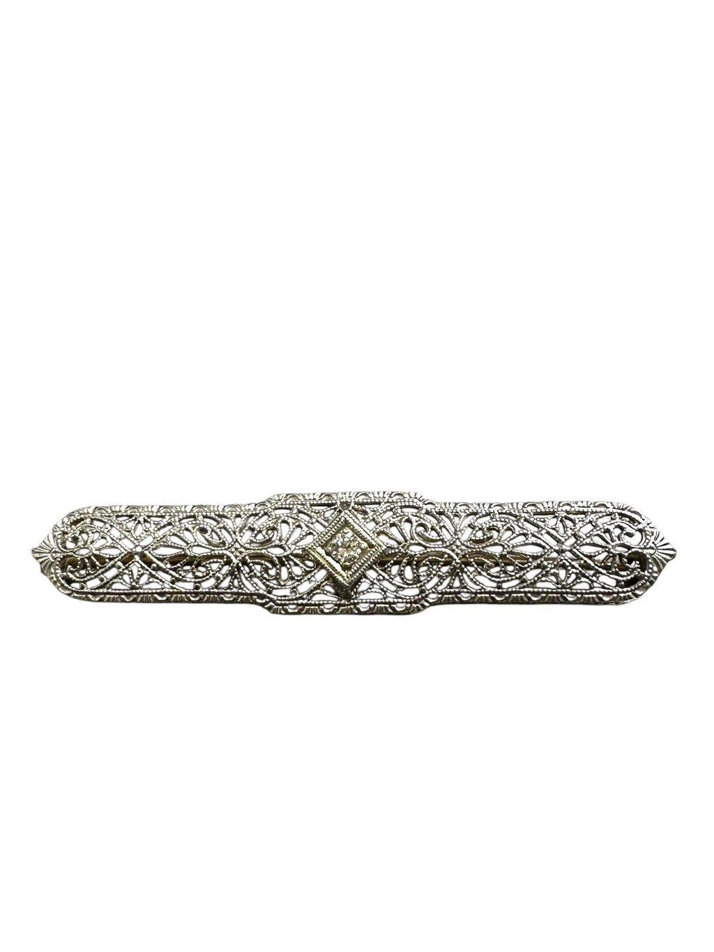 Elegant Edwardian Diamond Filigree Bar Pin in 14K White Gold