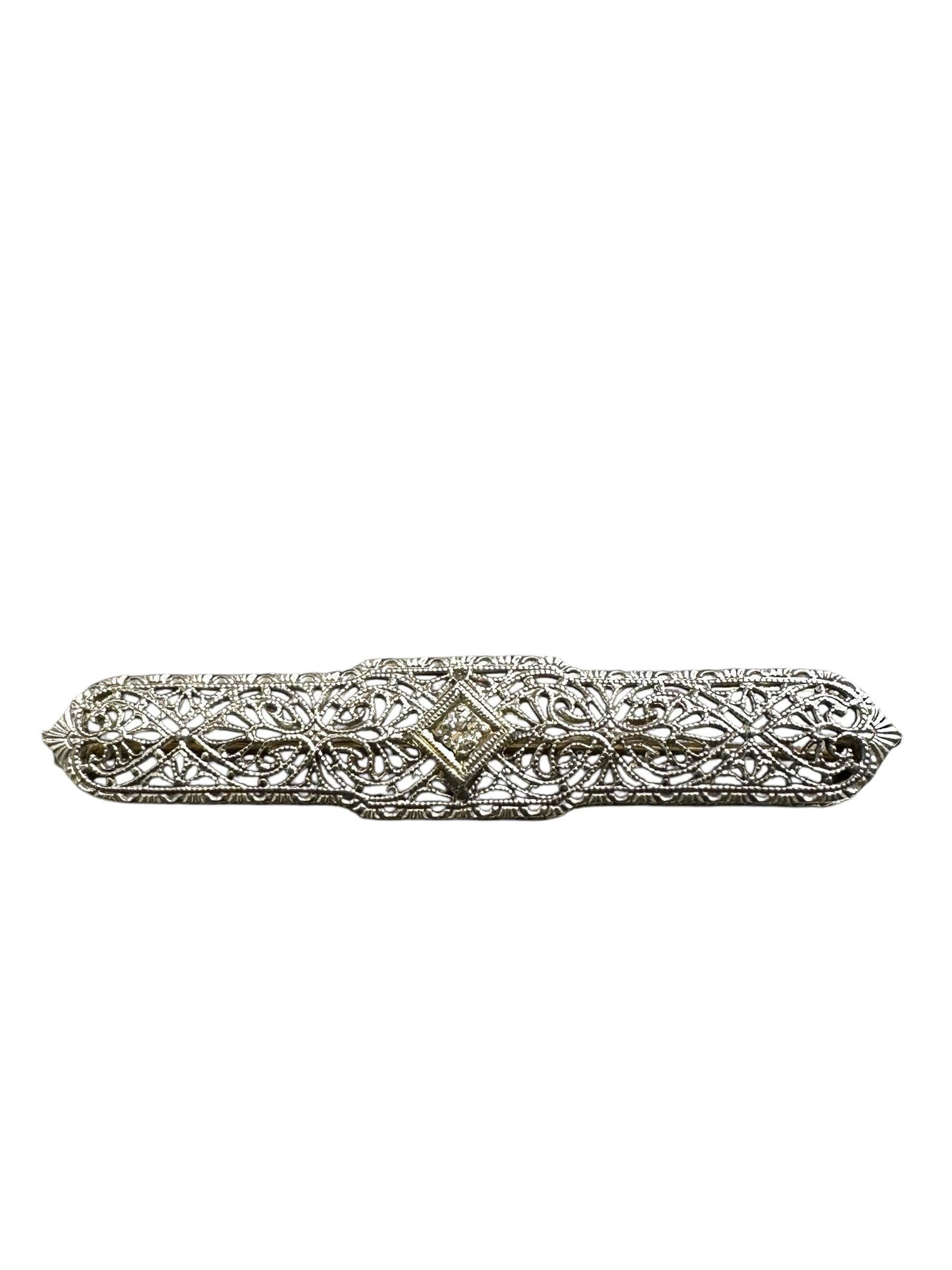 Elegant Edwardian Diamond Filigree Bar Pin in 14K White Gold