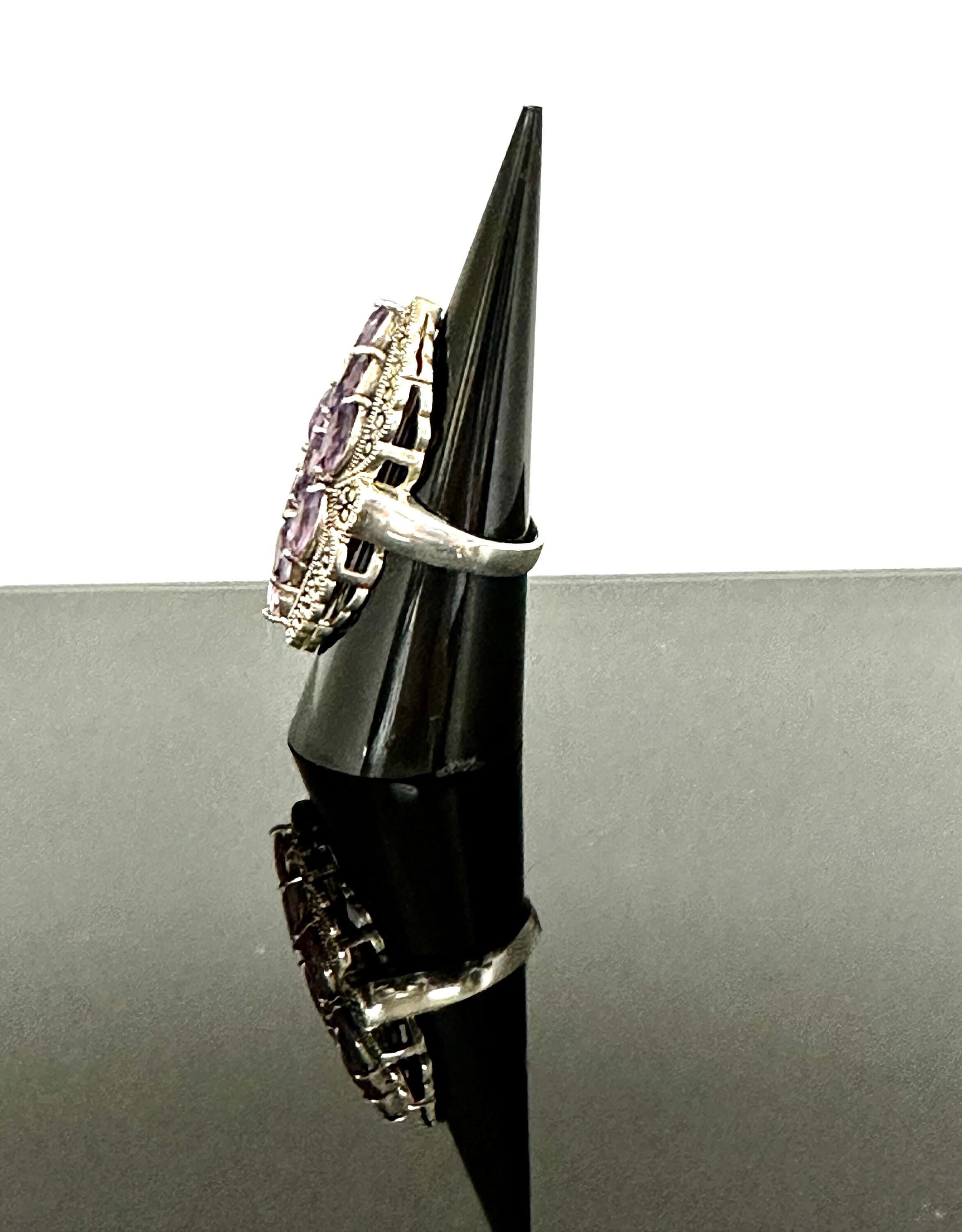 Sterling Silver Amethyst Marcasite Ring - Statement Ring Size 7.5