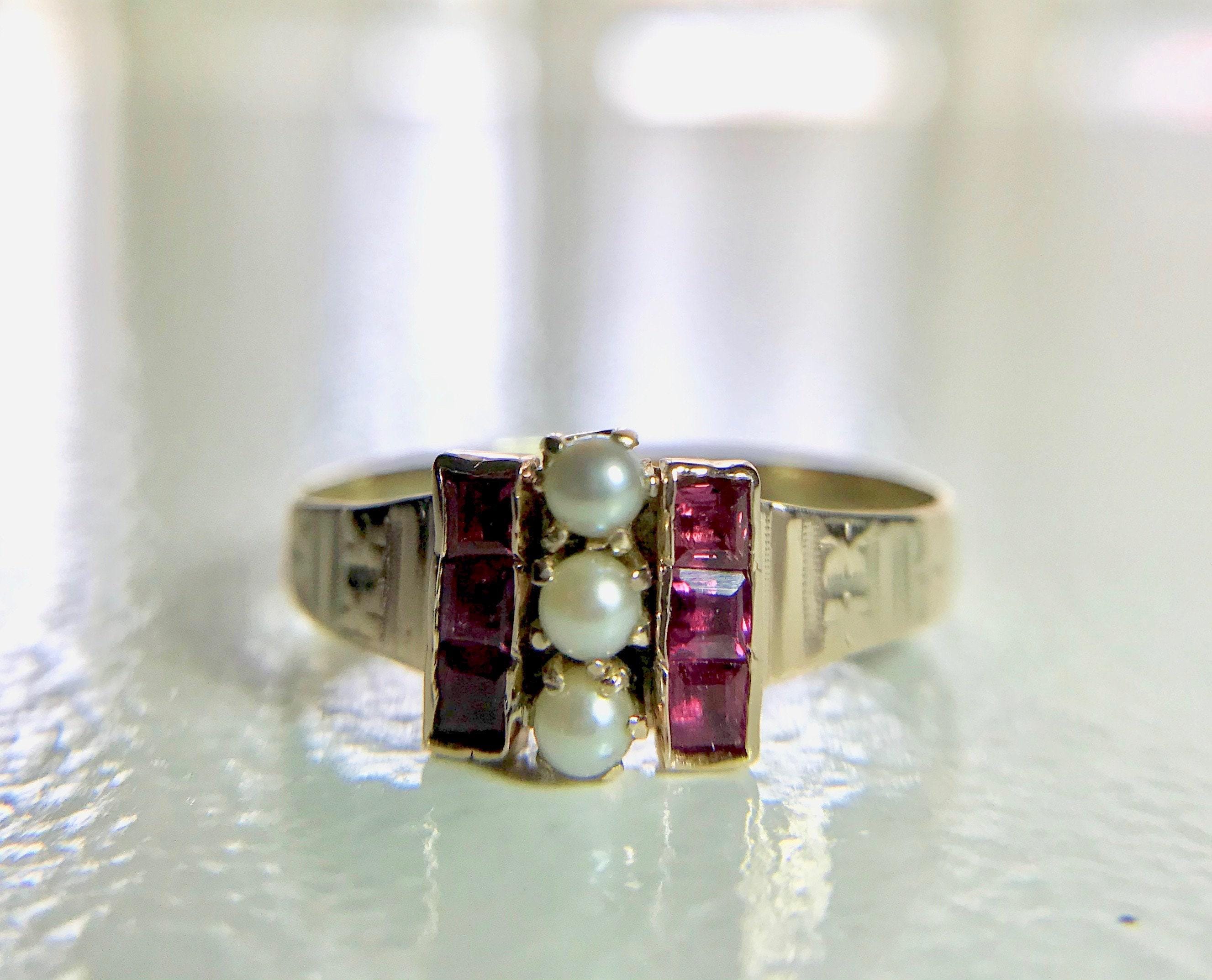 Victorian Ruby and Pearl Ring: 10K Yellow Gold July Birthstone