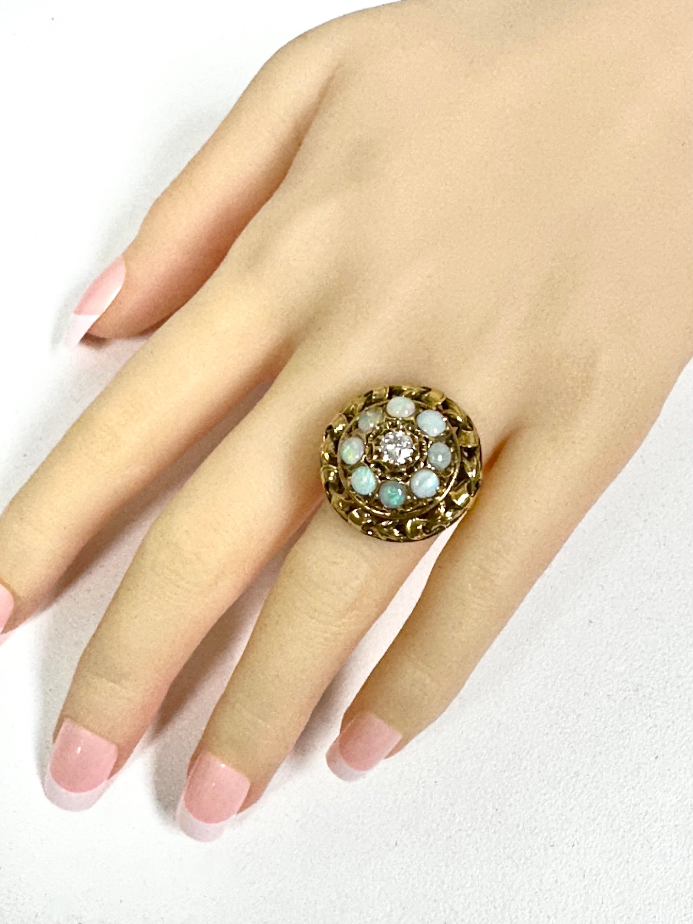 Yellow Gold Opal Diamond Ring: Floral Estate Jewelry