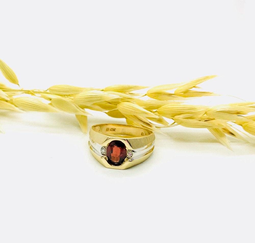 Vintage Garnet and Diamond Two Tone Gold Ring with Brush Finish
