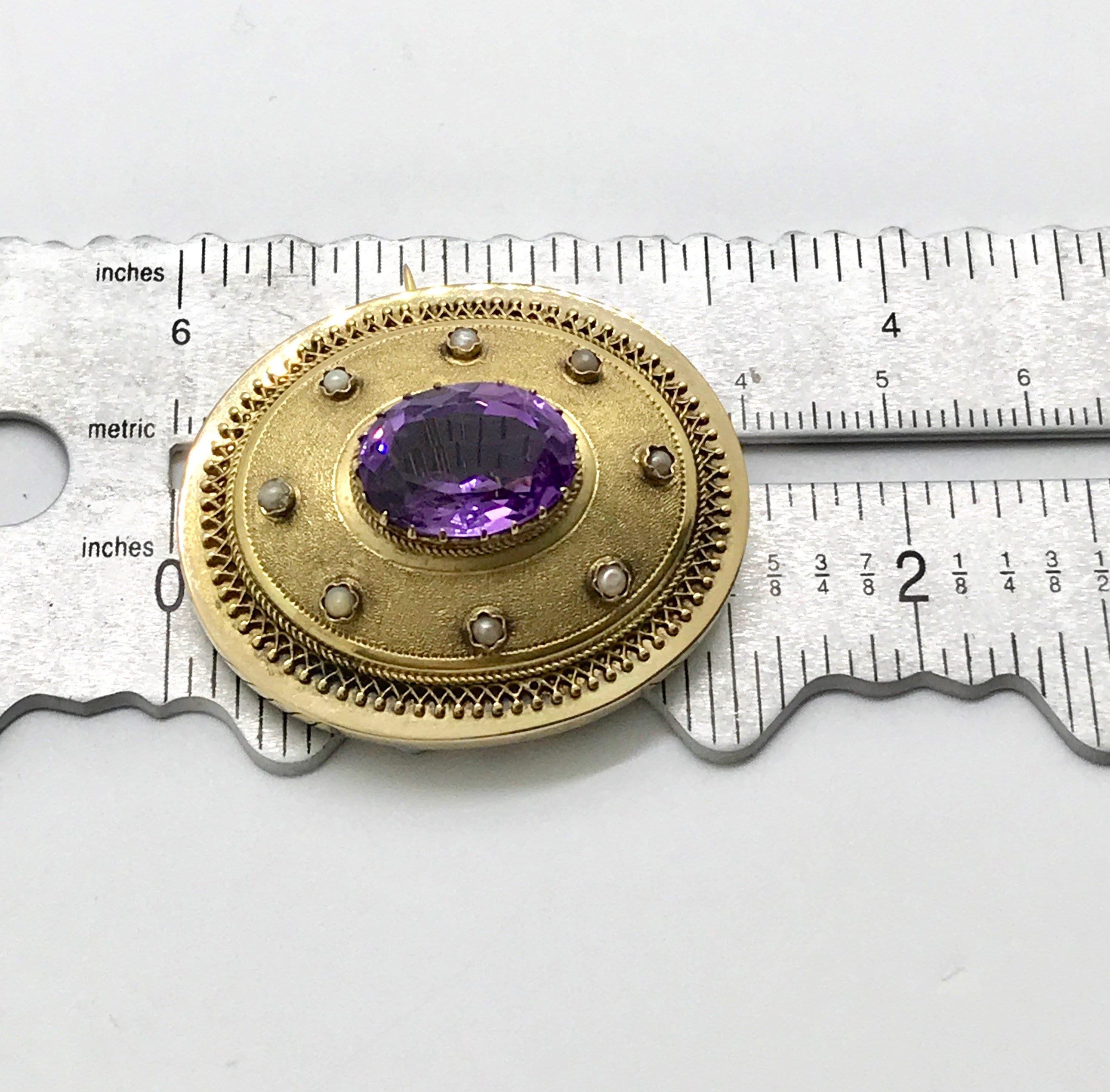 Antique 14k Yellow Gold Amethyst Pearl Brooch: Satin Finish Pin