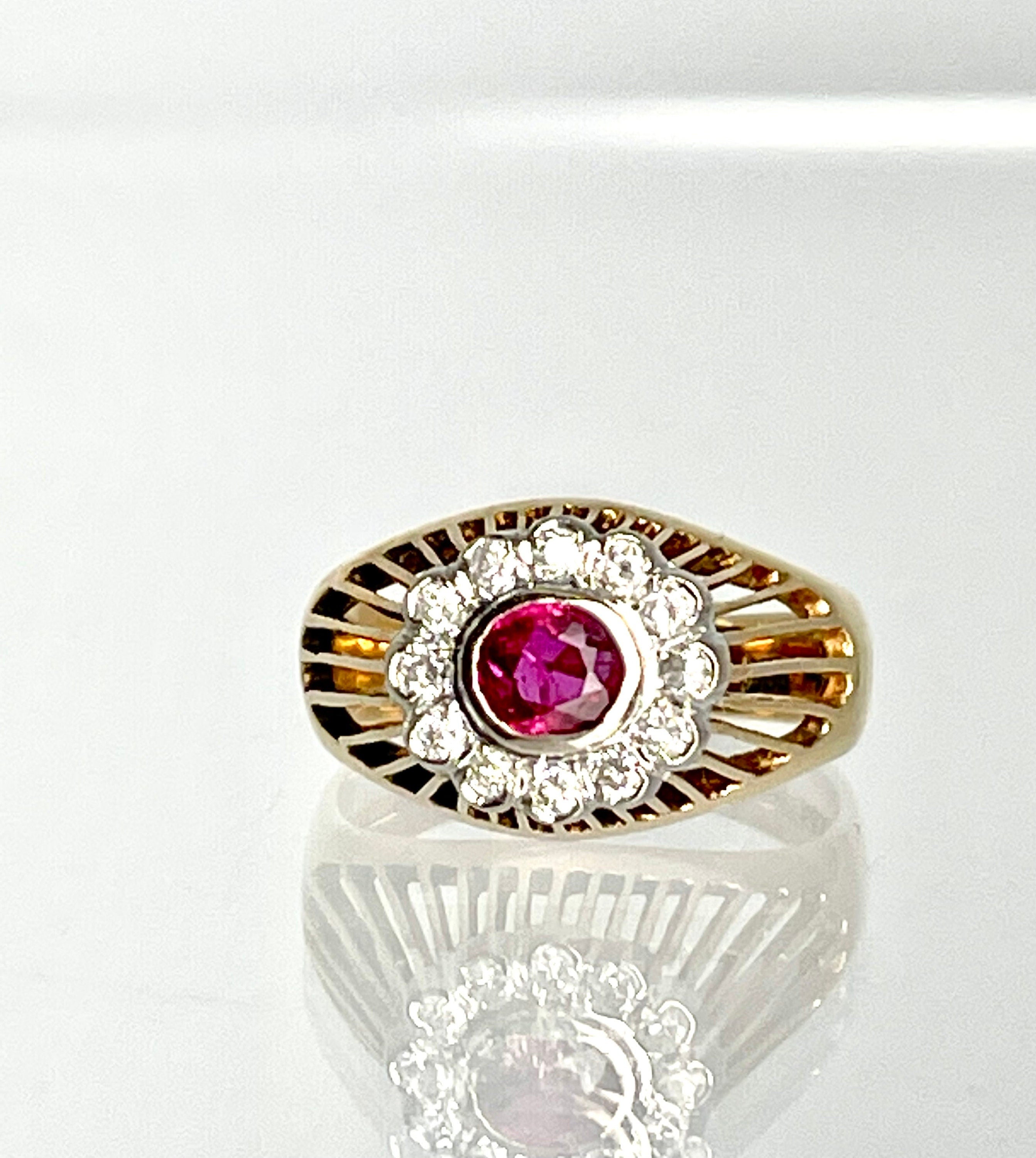Vintage 14K Yellow Gold Ruby and Diamond Ring, Elevated Ruby Setting