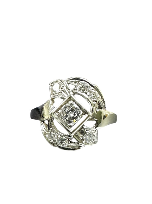 1950s White Gold Diamond Cocktail Ring, 0.25 Carat, Size 6.75