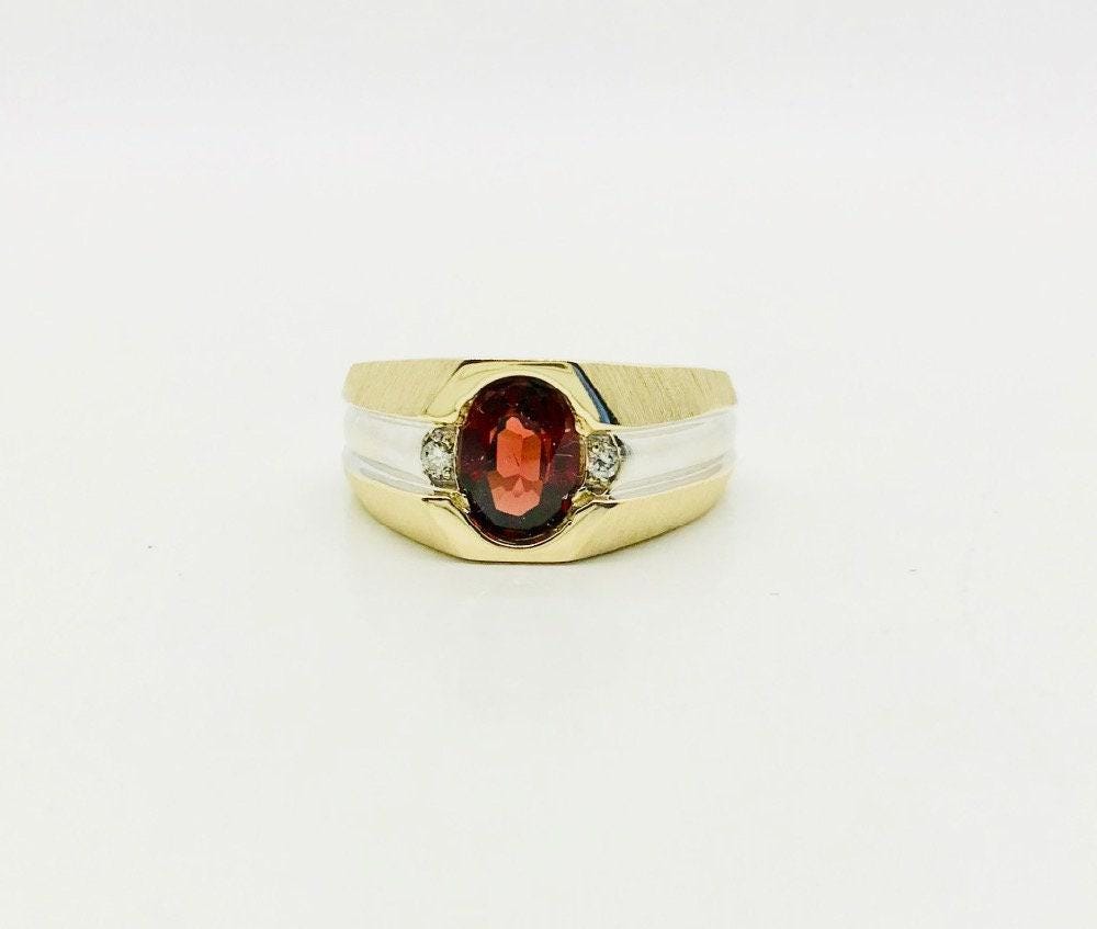 Vintage Garnet and Diamond Two Tone Gold Ring with Brush Finish
