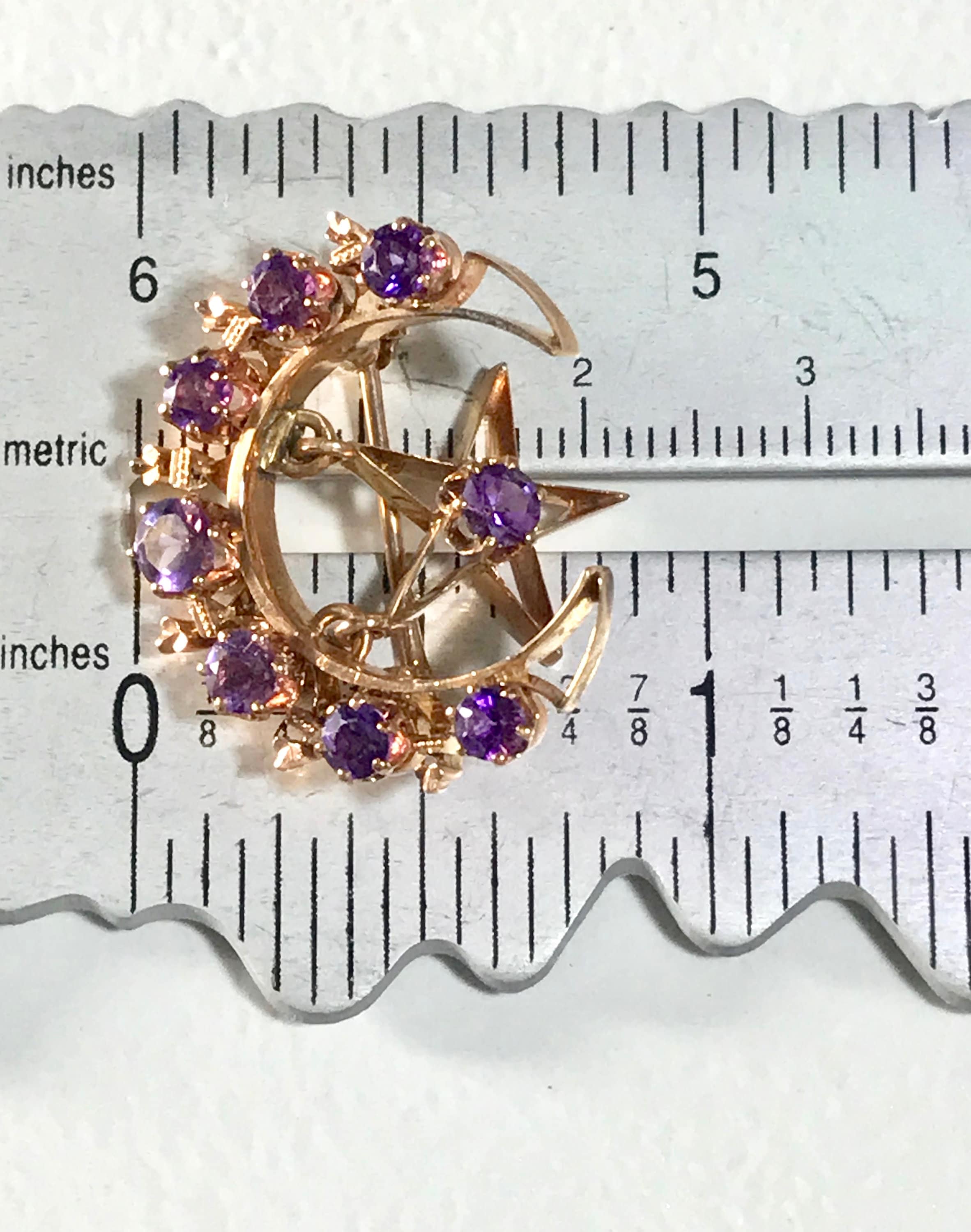 14K Yellow Gold Amethyst Moon and Star Brooch