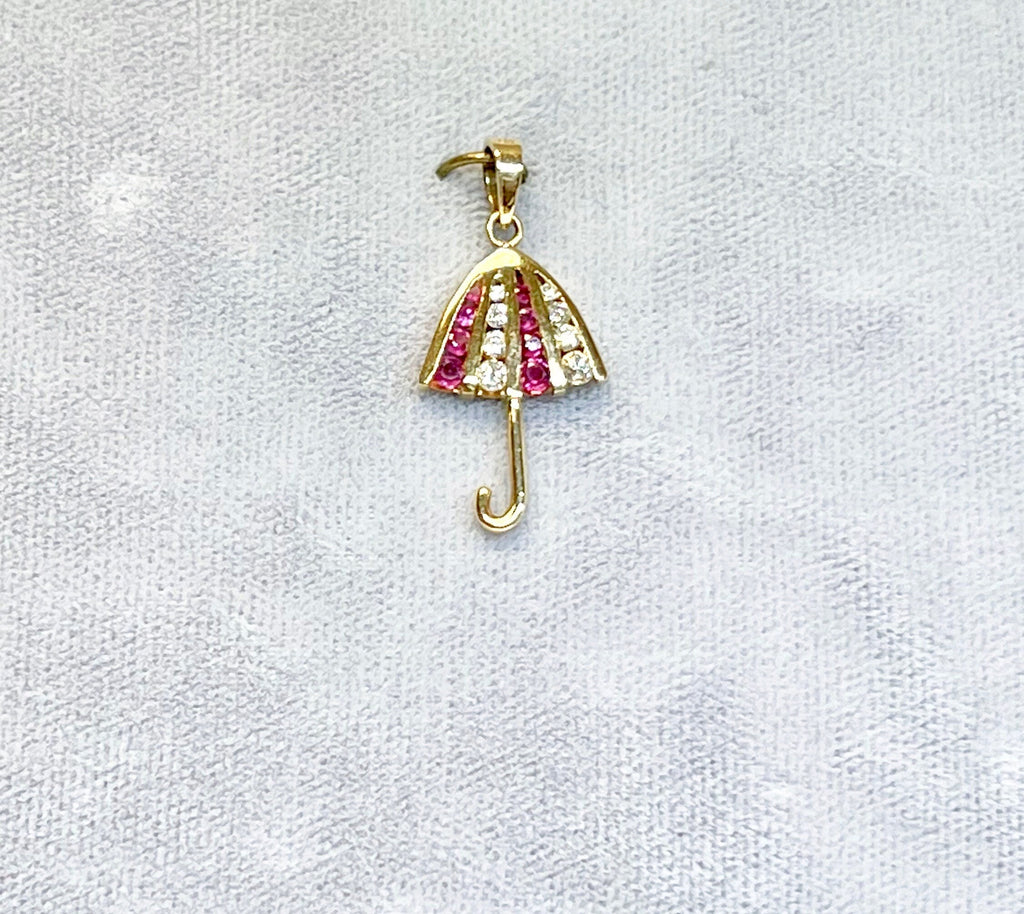 14k Yellow Gold Umbrella Pendant: Ruby and Diamond Charm