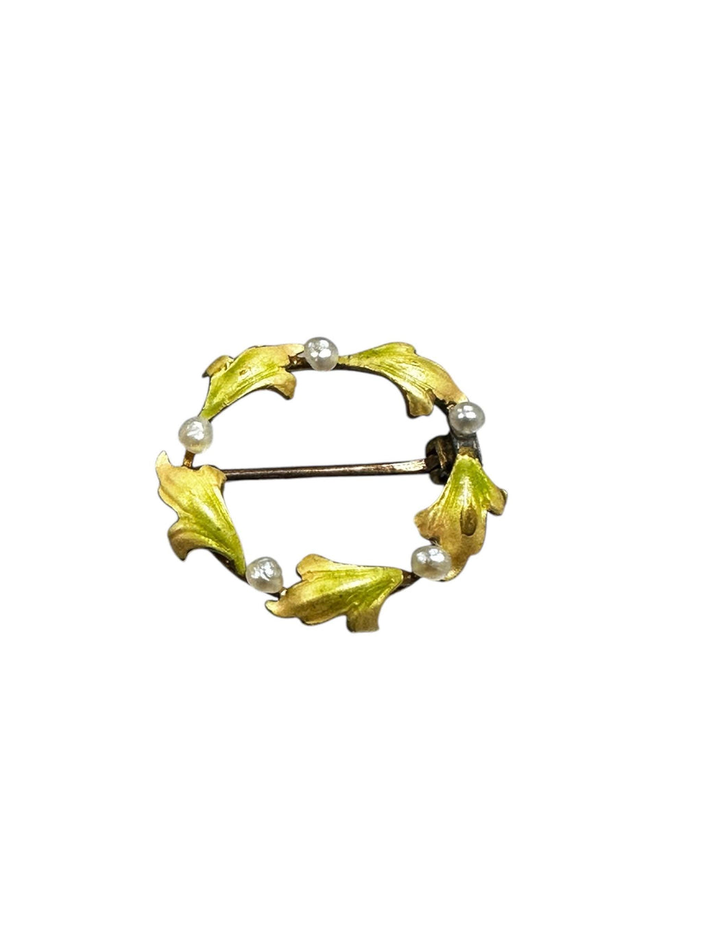 Delicate 10 Karat Yellow Gold Enamel Seed Pearl Wreath Pin/Brooch