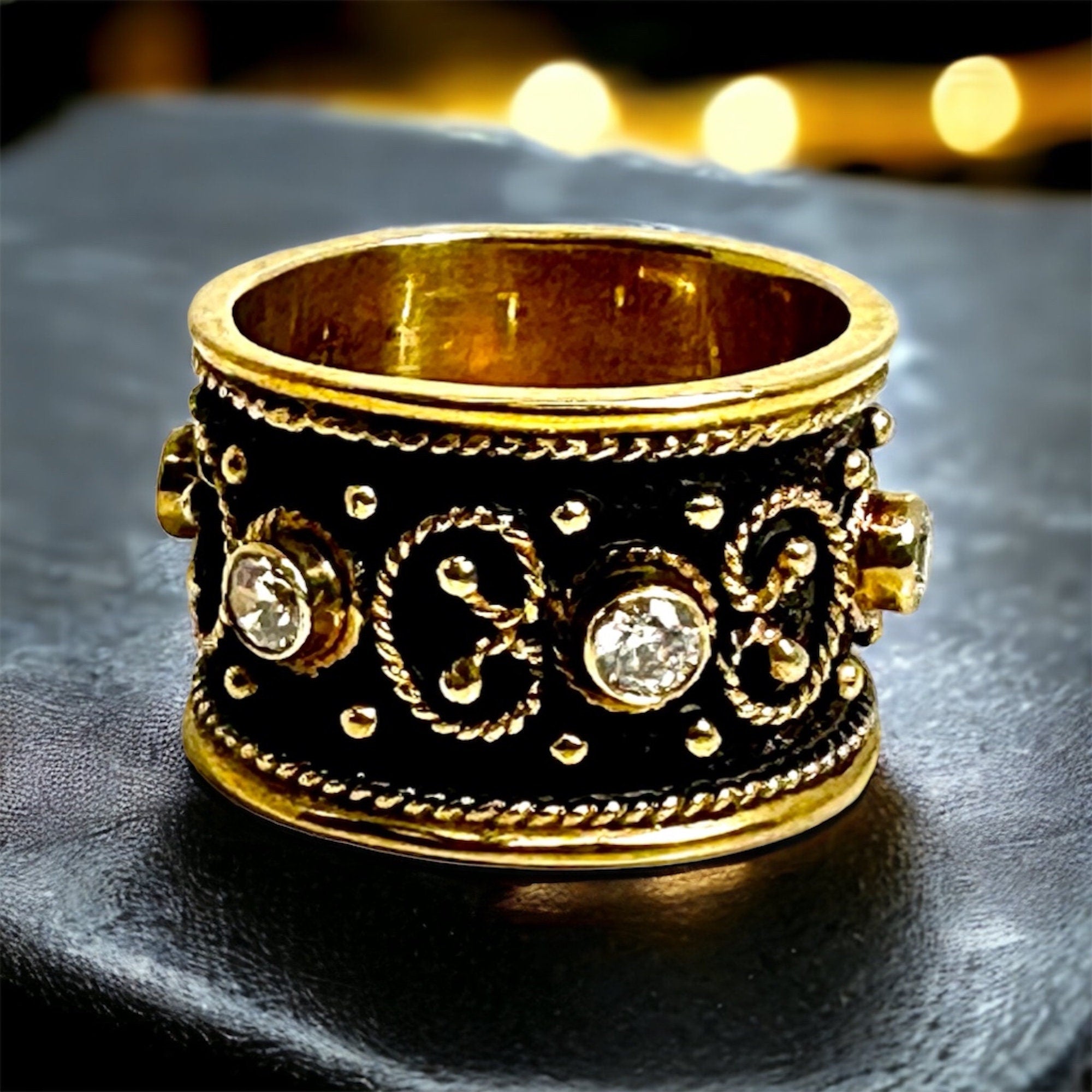 Hand Crafted Oxidized Sterling Silver Ring with Gold Plated Accents and Cubic Zirconia