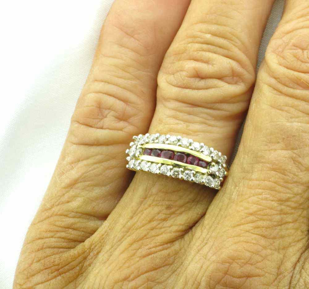 14K Yellow Gold Ruby Diamond Stacking Ring, Estate Vintage Straight Line Band