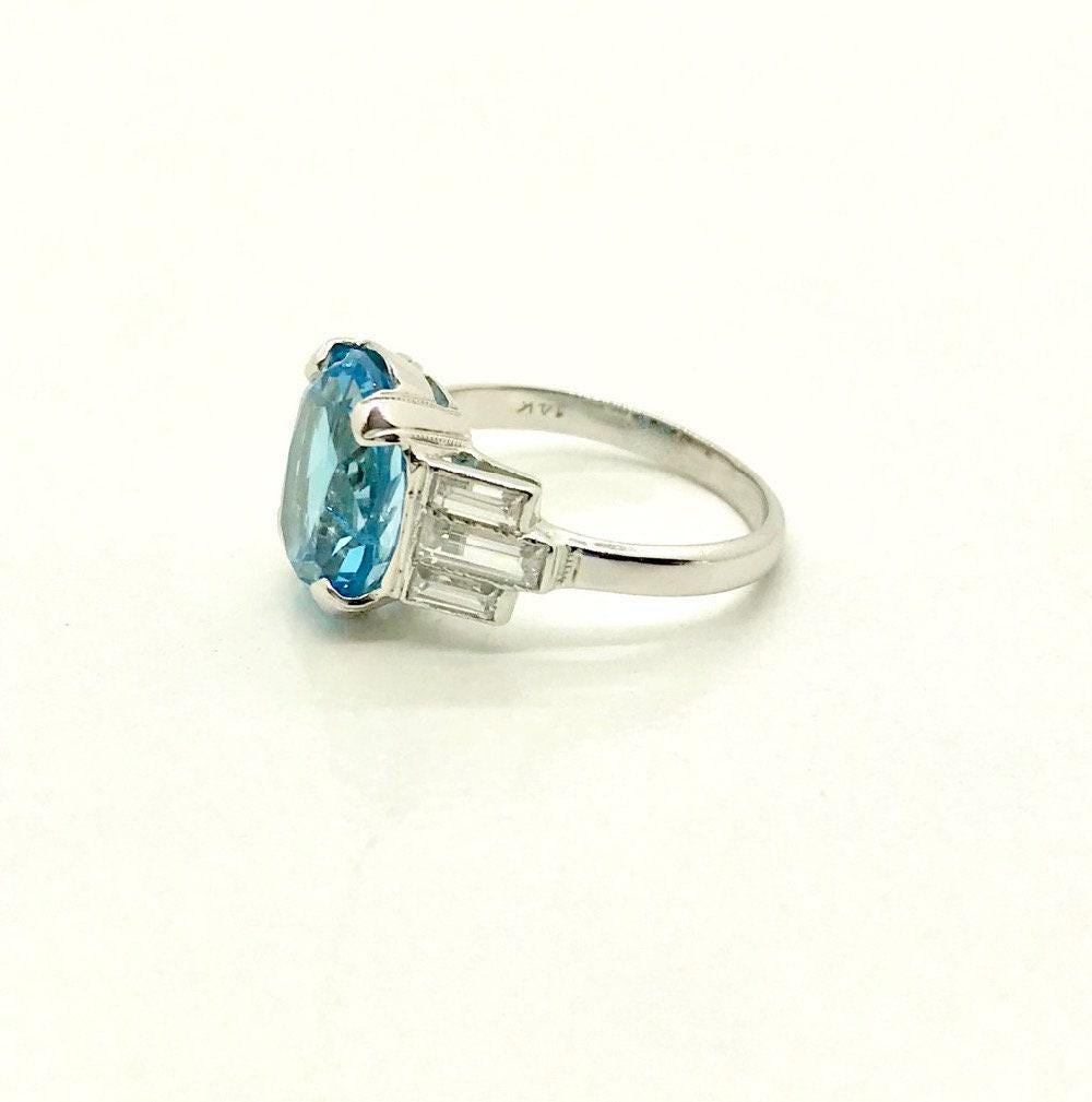 Vintage 10k White Gold Blue Topaz Ring with CZ Accents