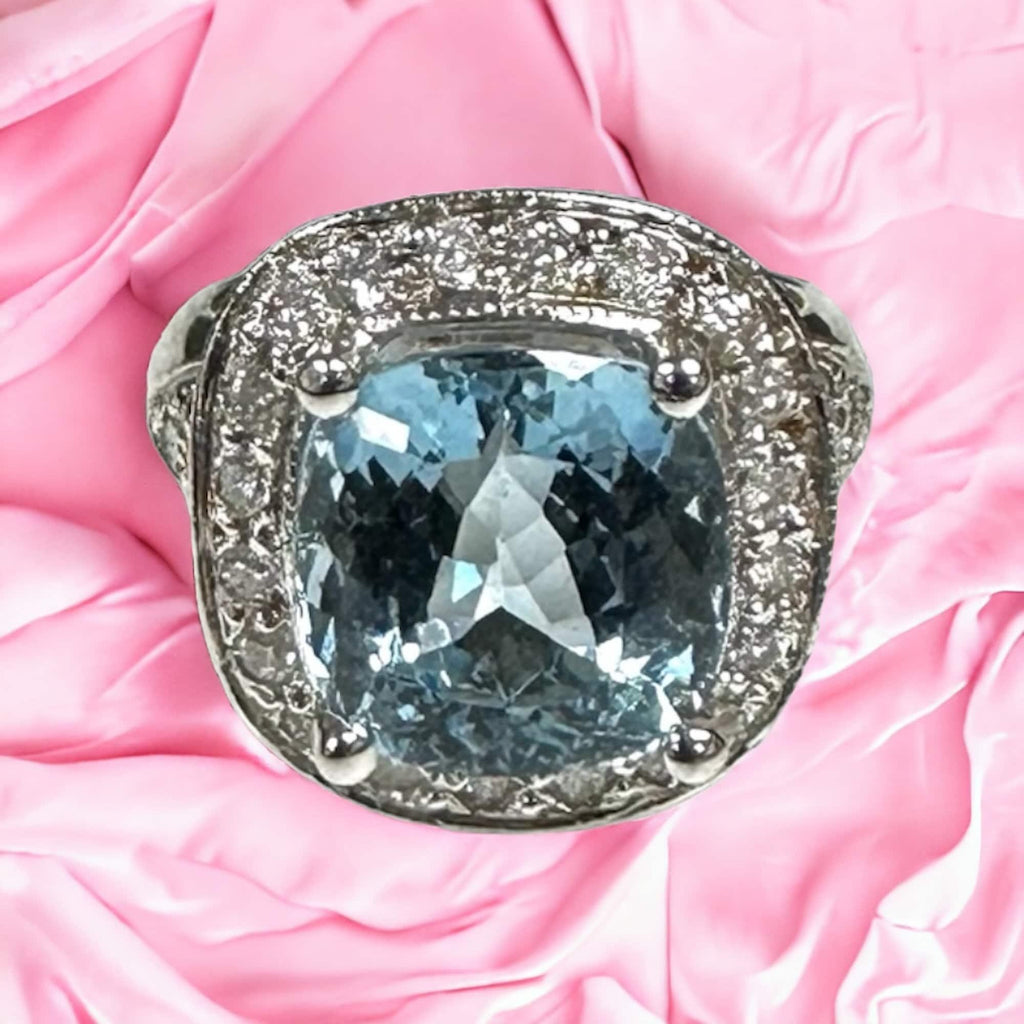 Vintage Aquamarine Diamond Halo Ring, 14k White Gold Cocktail Ring