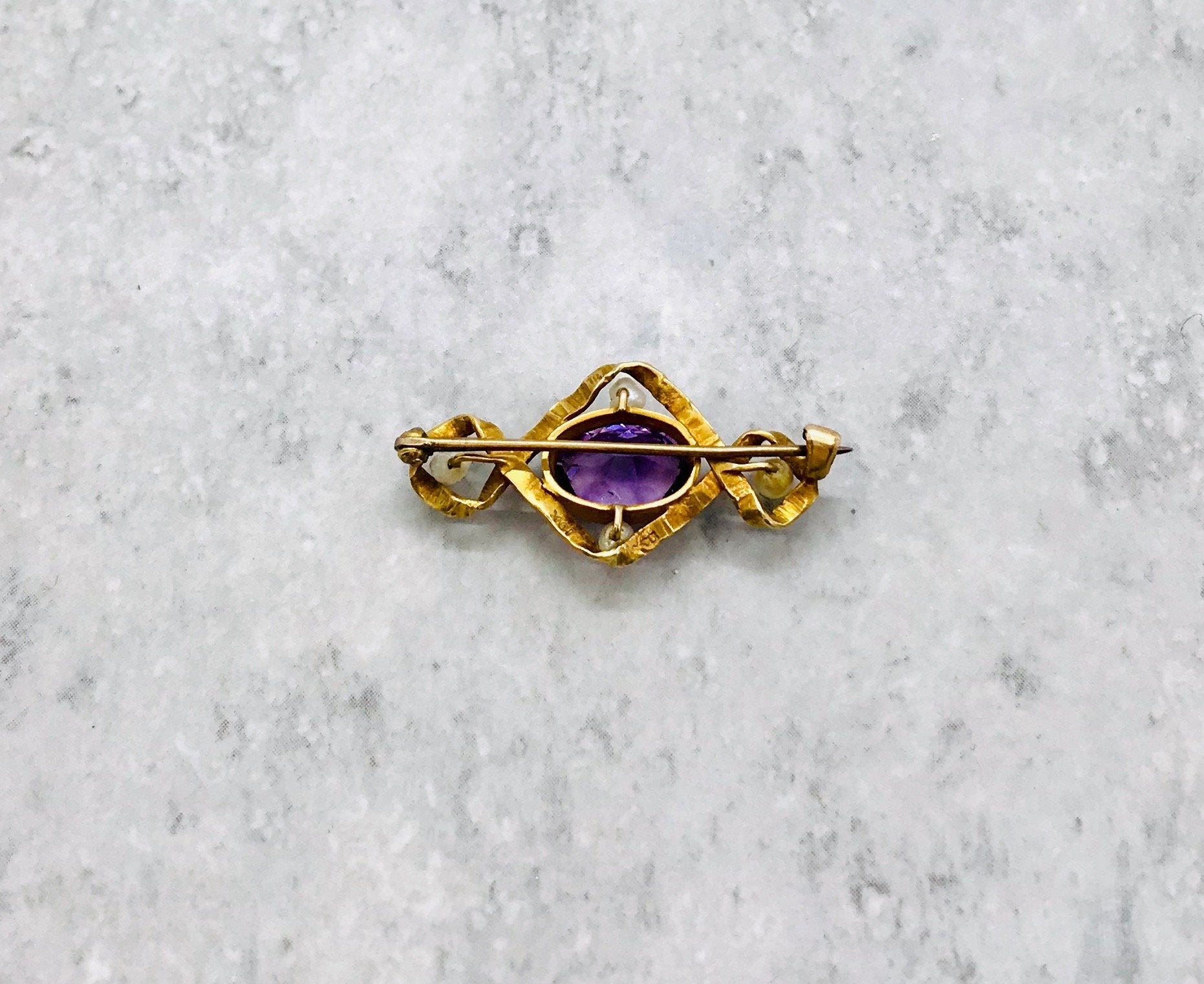 Antique 10K Gold Amethyst Pin with Baroque Pearls