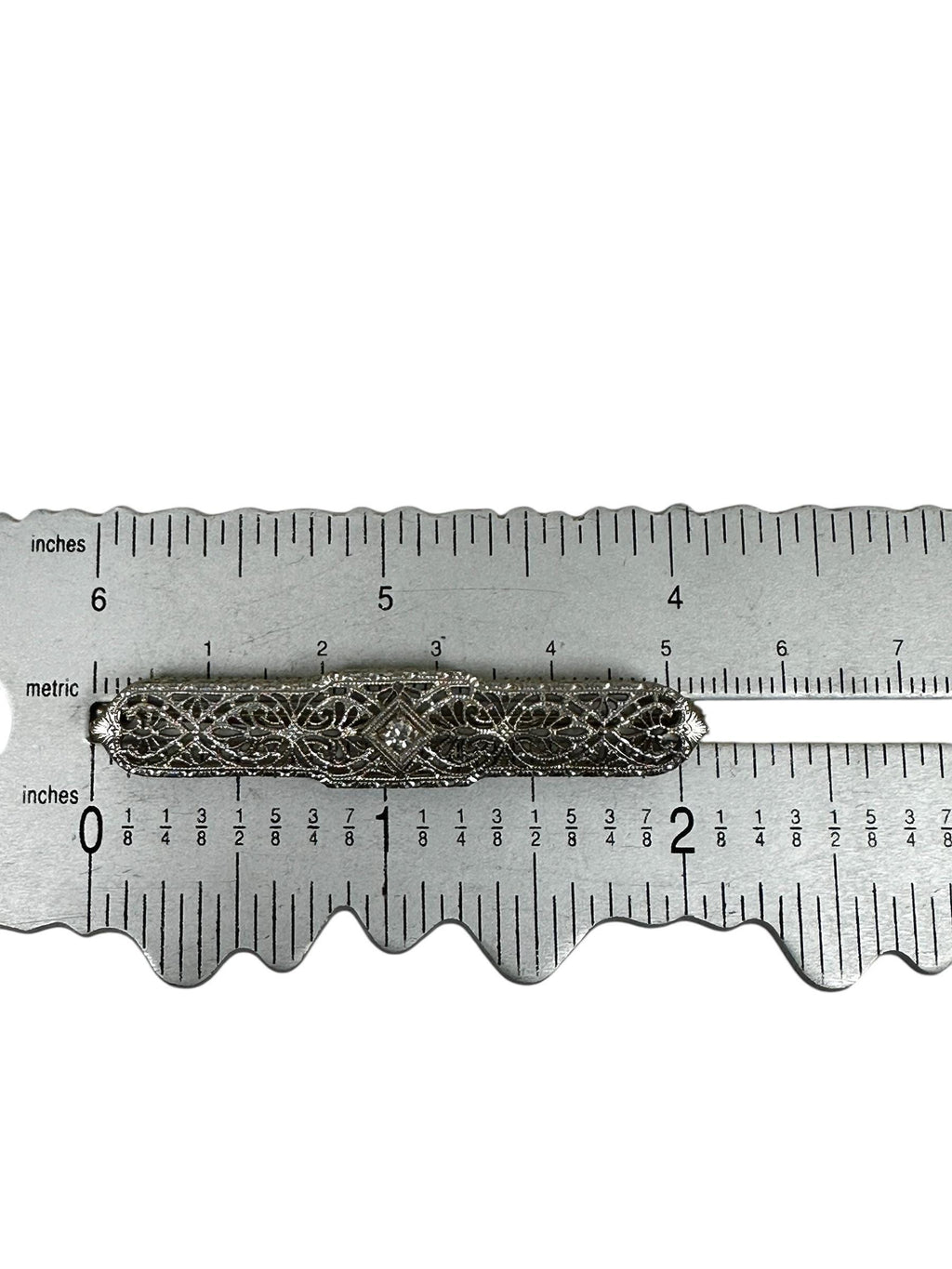 Elegant Edwardian Diamond Filigree Bar Pin in 14K White Gold