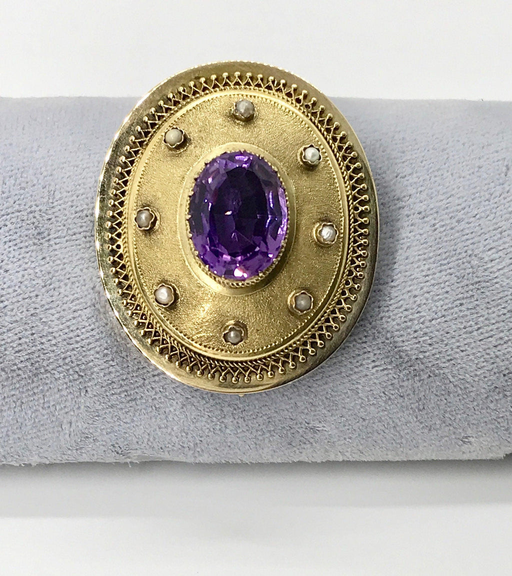 Antique 14k Yellow Gold Amethyst Pearl Brooch: Satin Finish Pin
