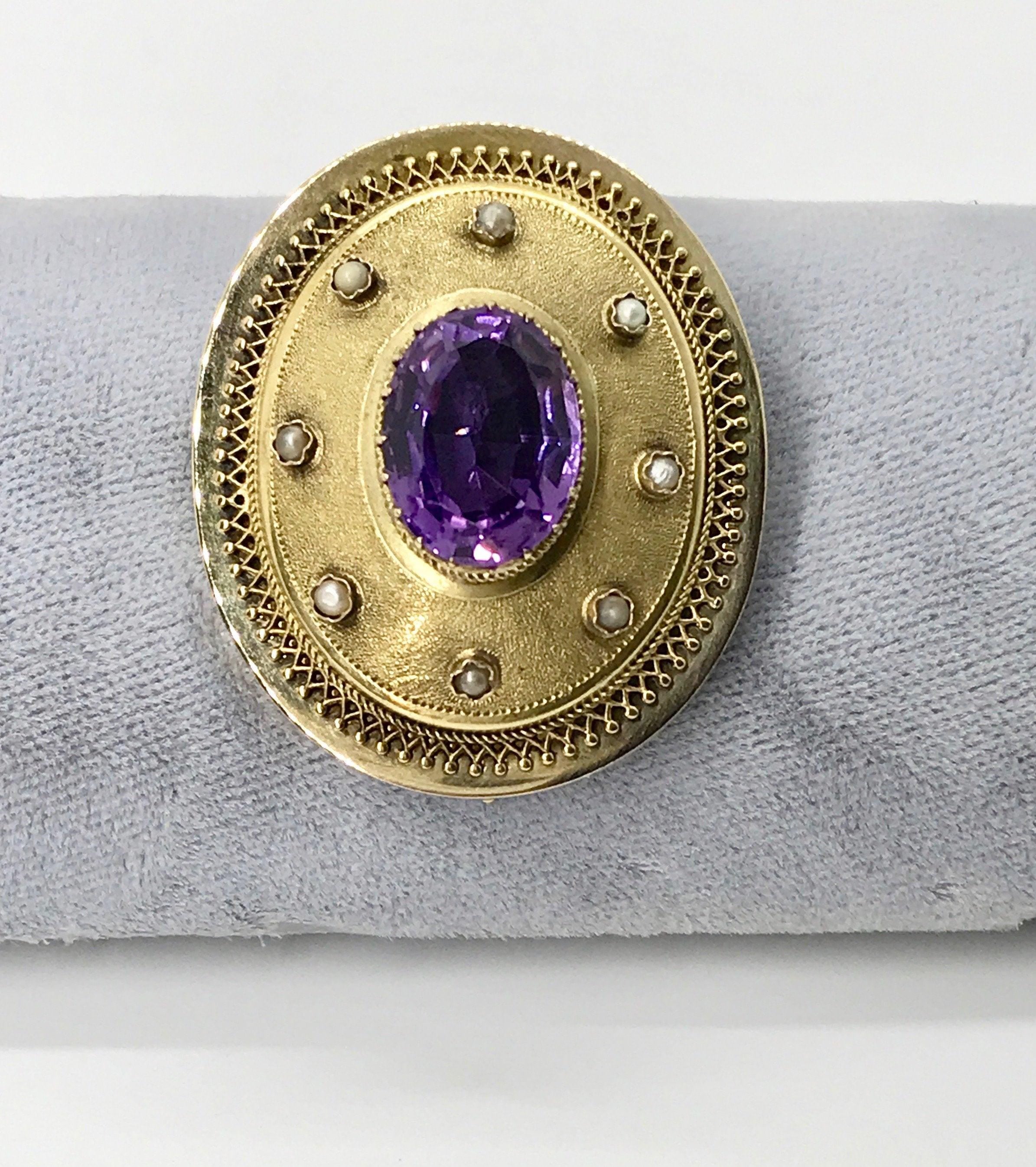 Antique 14k Yellow Gold Amethyst Pearl Brooch: Satin Finish Pin