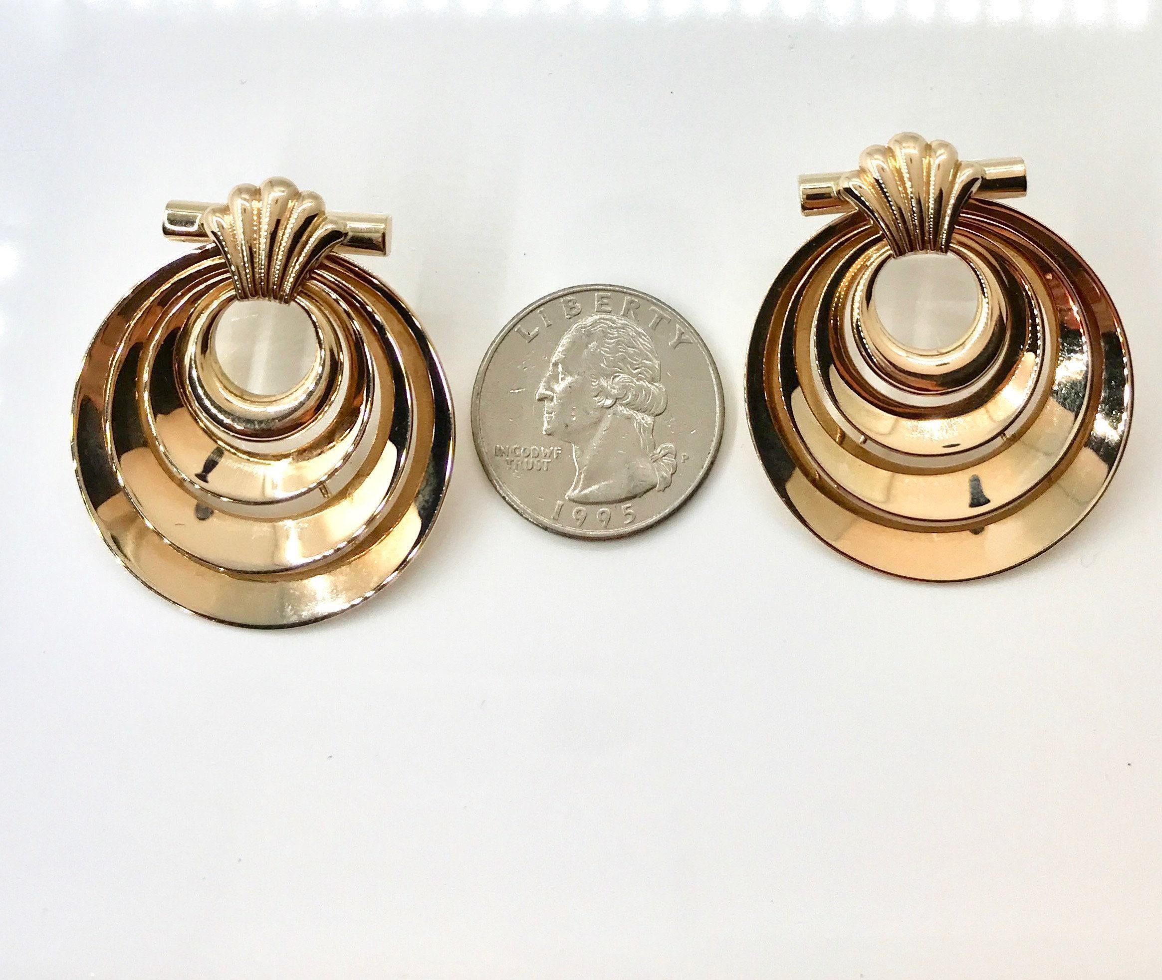 14k Yellow Gold Art Deco Earrings: Pierced Statement Jewelry