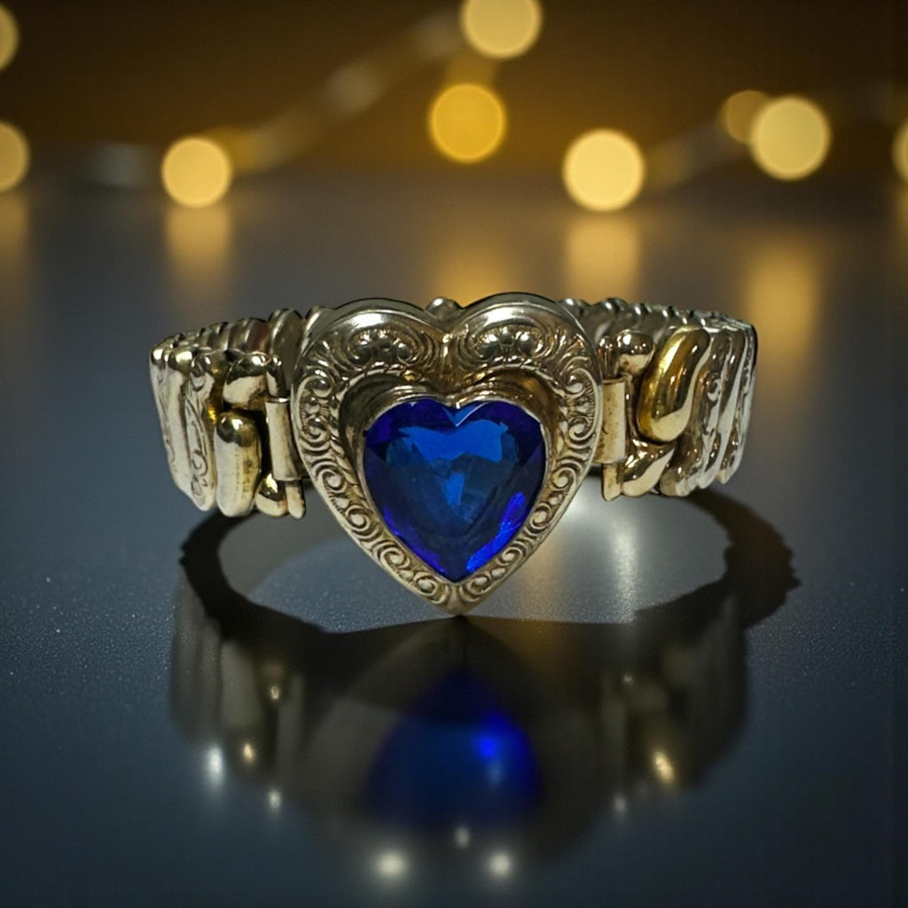 Antique Glass Heart Gold Sterling Silver Sweetheart Expansion Bracelet-1930s-40s