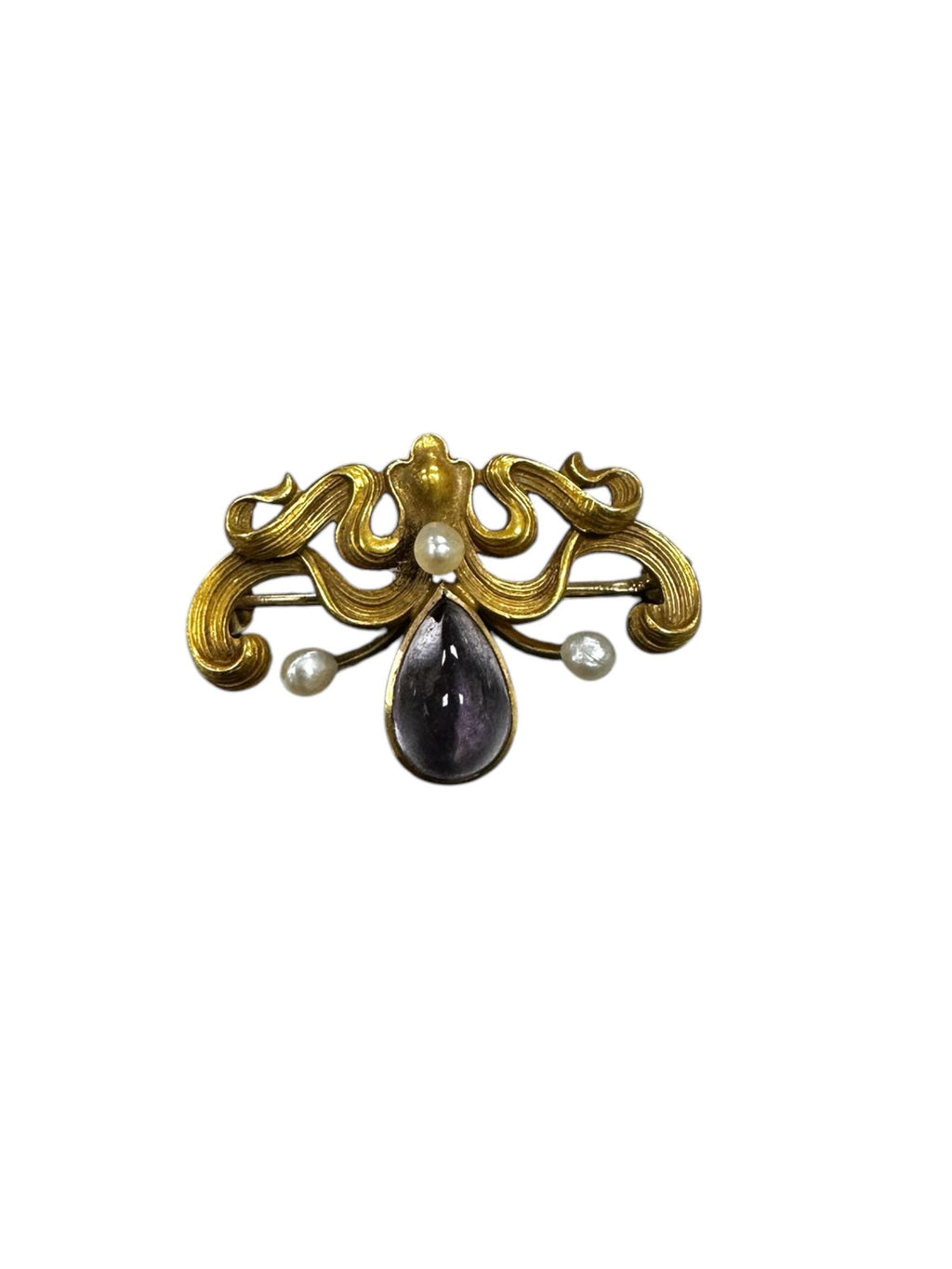 Art Nouveau Amethyst Pearl Brooch, 14K Yellow Gold Pin
